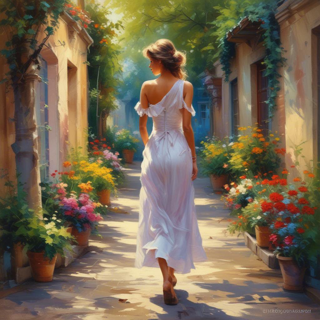 A painting of a woman in a white one-shoulder ruffled maxi dress looking back on a Mediterranean alley of red geraniums.