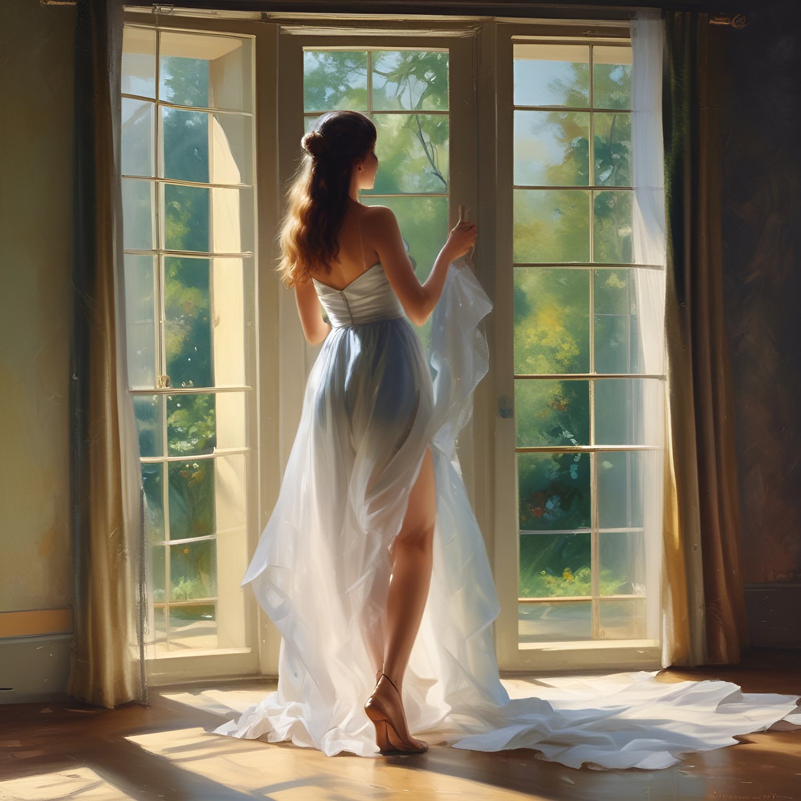 An oil painting style of a woman in a white strapless gown with a high slit holding a sheer curtain at tall French doors.