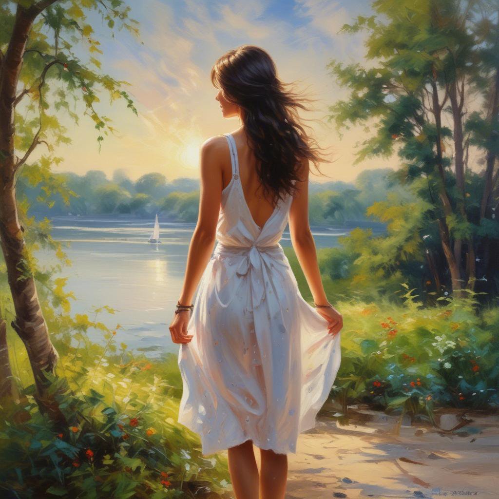 Painting of a woman in a white sundress by a lakeshore with a sailboat at sunset