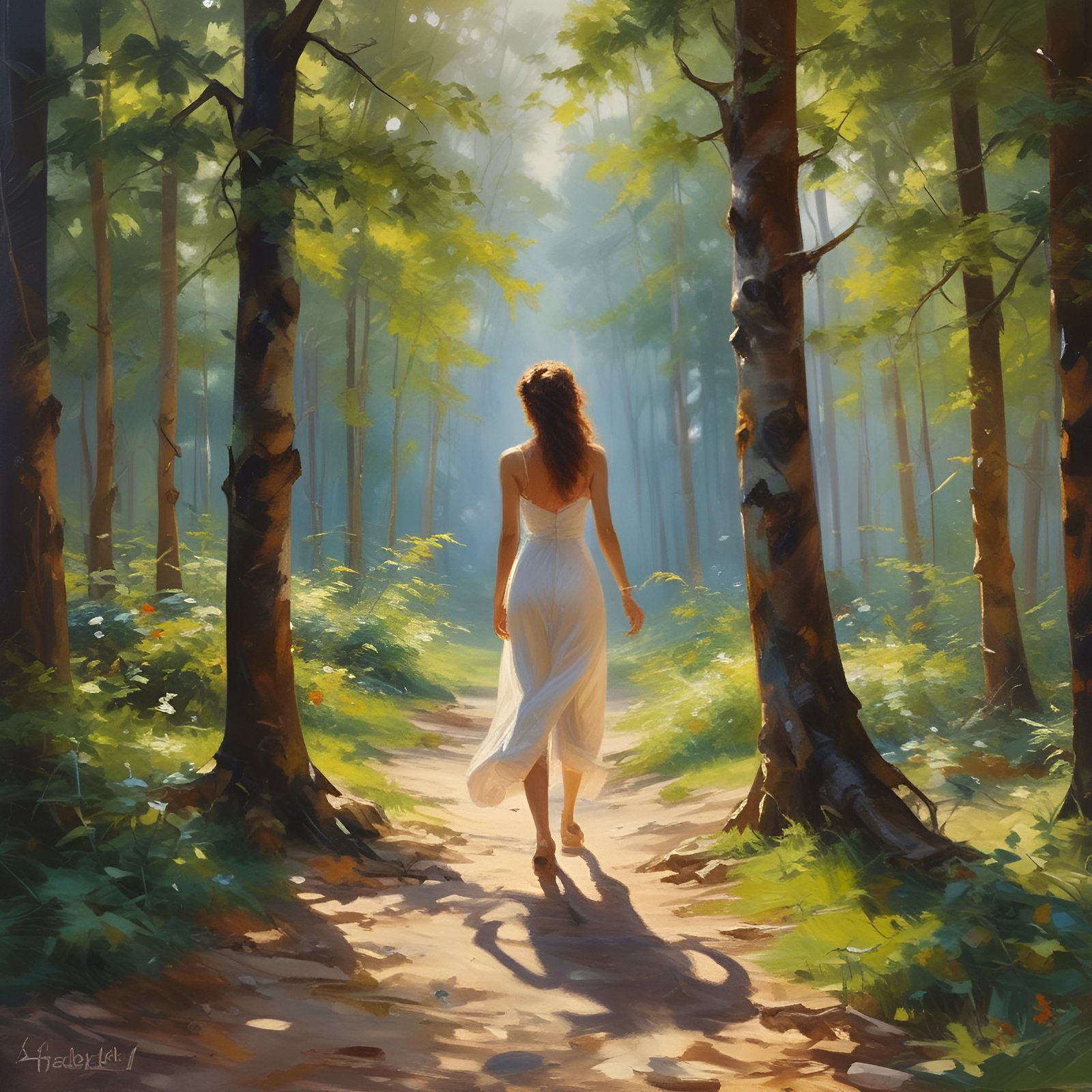 A painting of a woman in a white sundress on a sunlit dirt path between birch trunks with green undergrowth.