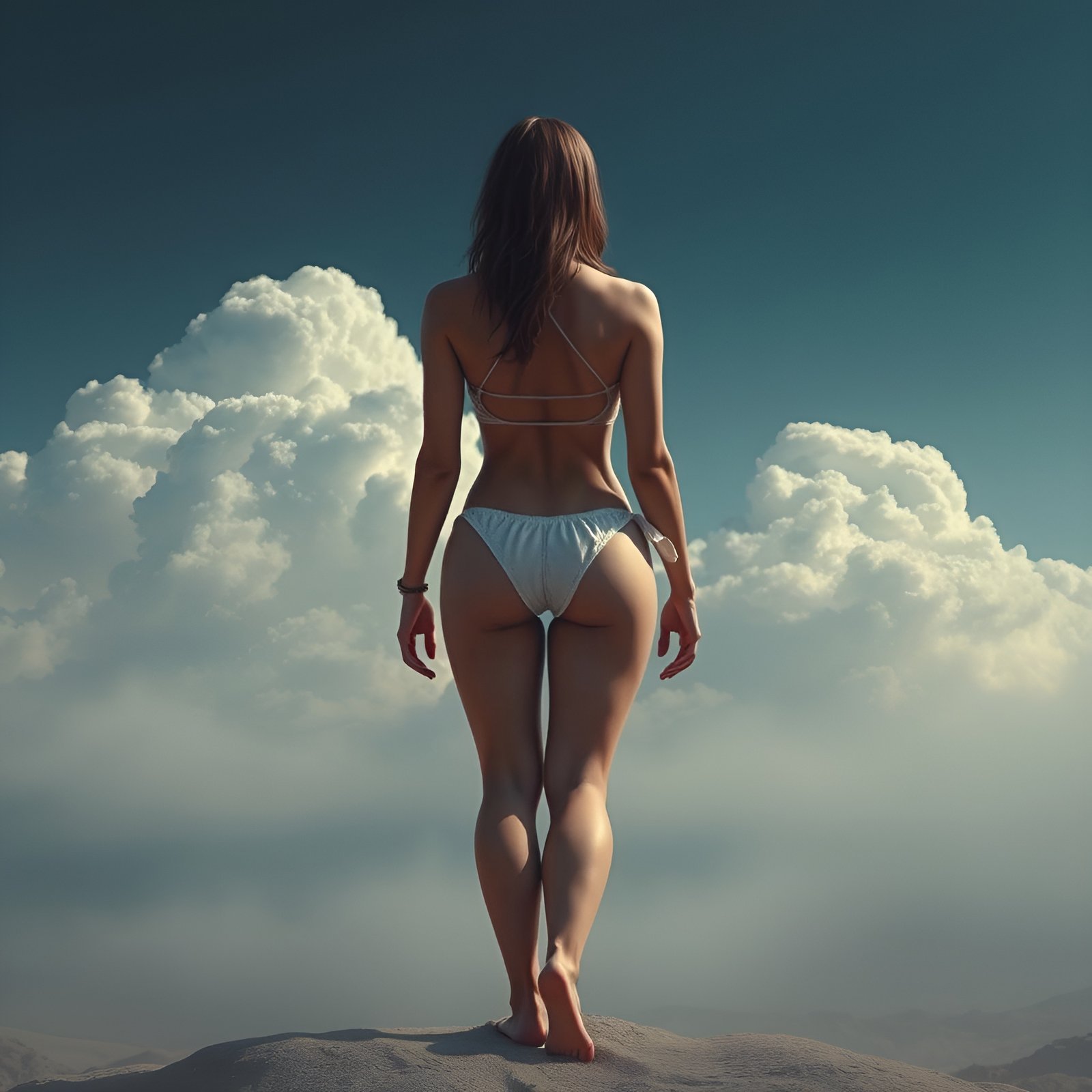 A photo of a woman in a white two-piece swimsuit standing barefoot on a pale rock under a deep blue sky.
