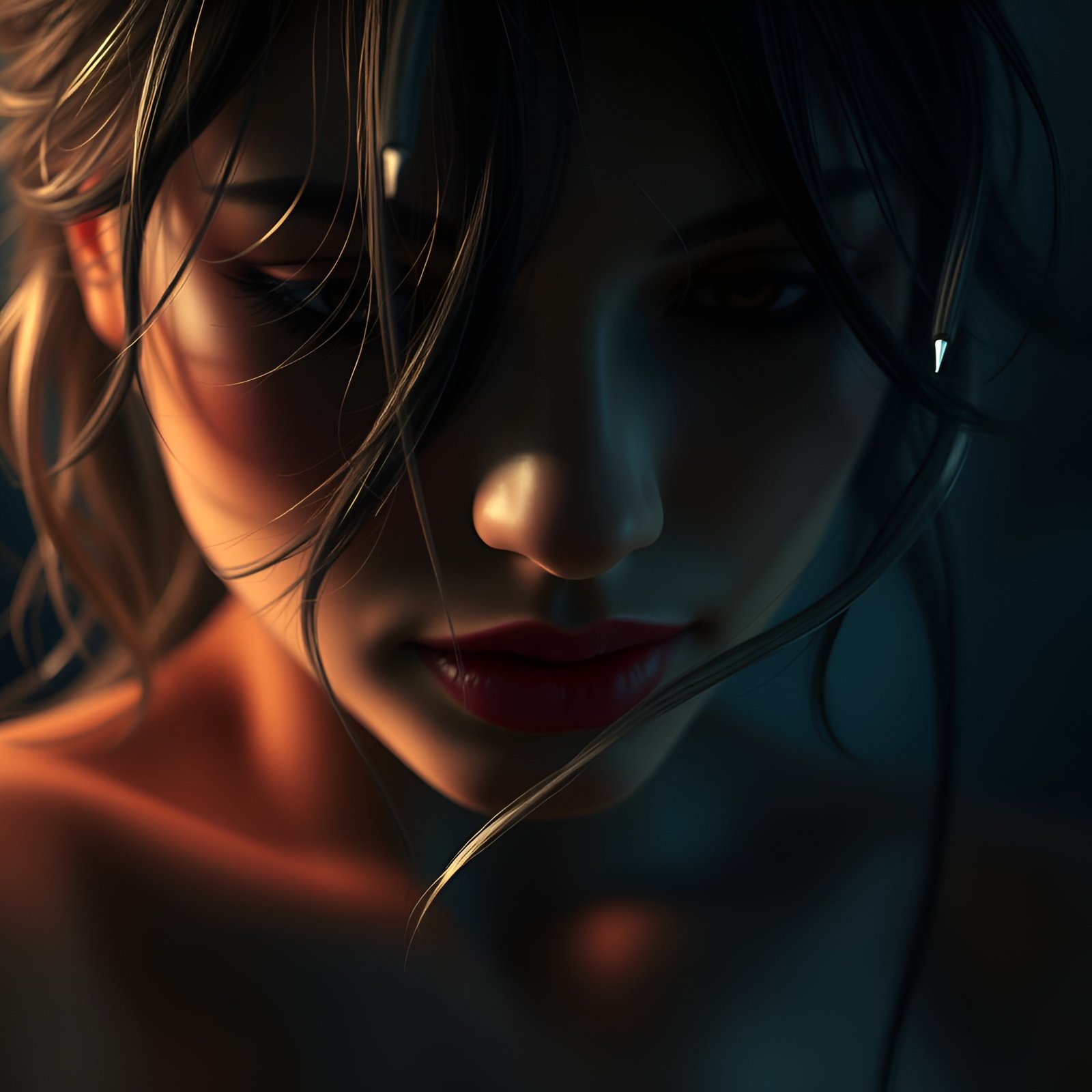 Closeup of womans face with a sensuous expression and hair strands in dark lighting