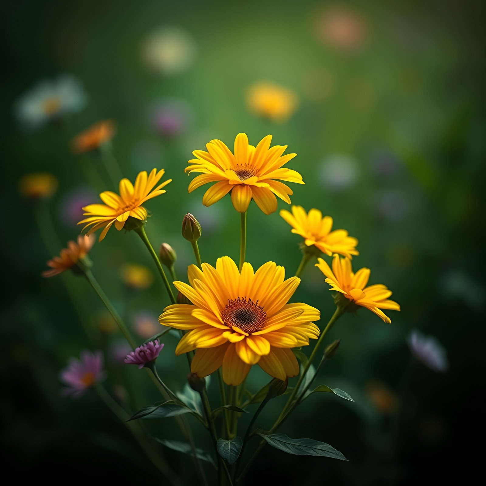 Photo of yellow rudbeckia daisies with green leaves and small purple blooms