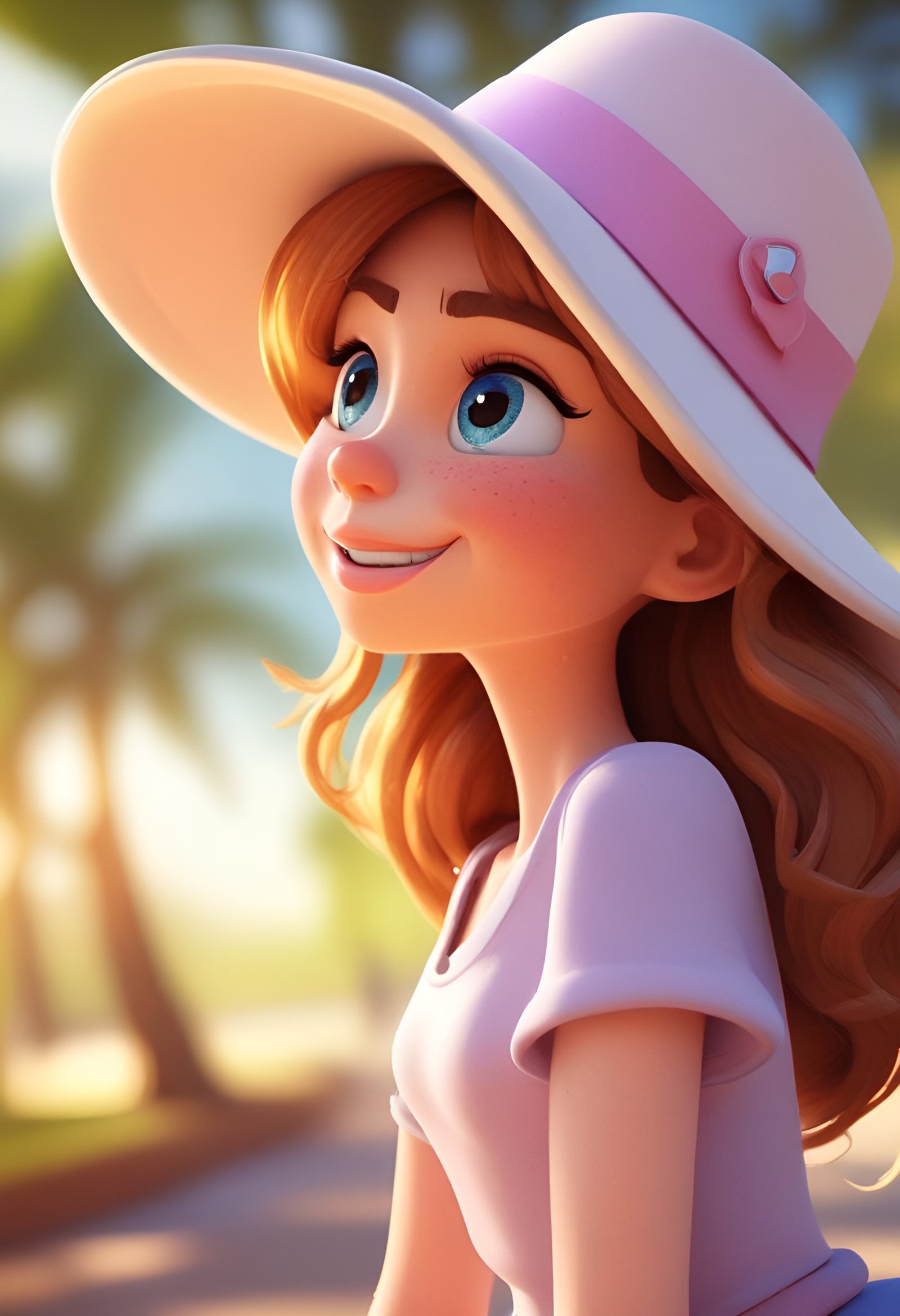 Animated girl wearing sun hat with pink ribbon and auburn hair smiling in sunny outdoor path
