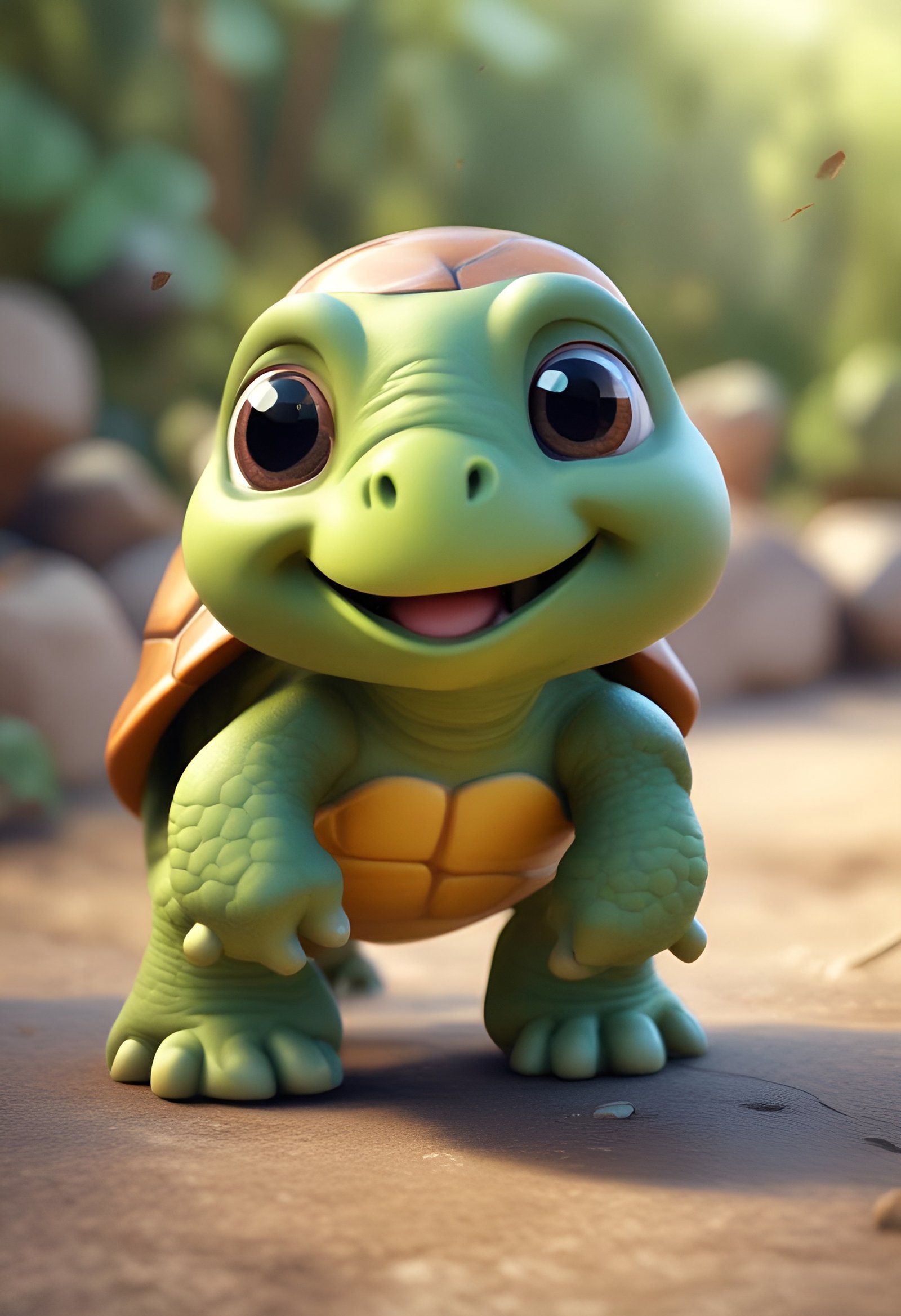 Cute green turtle with orange shell and big eyes smiling on path