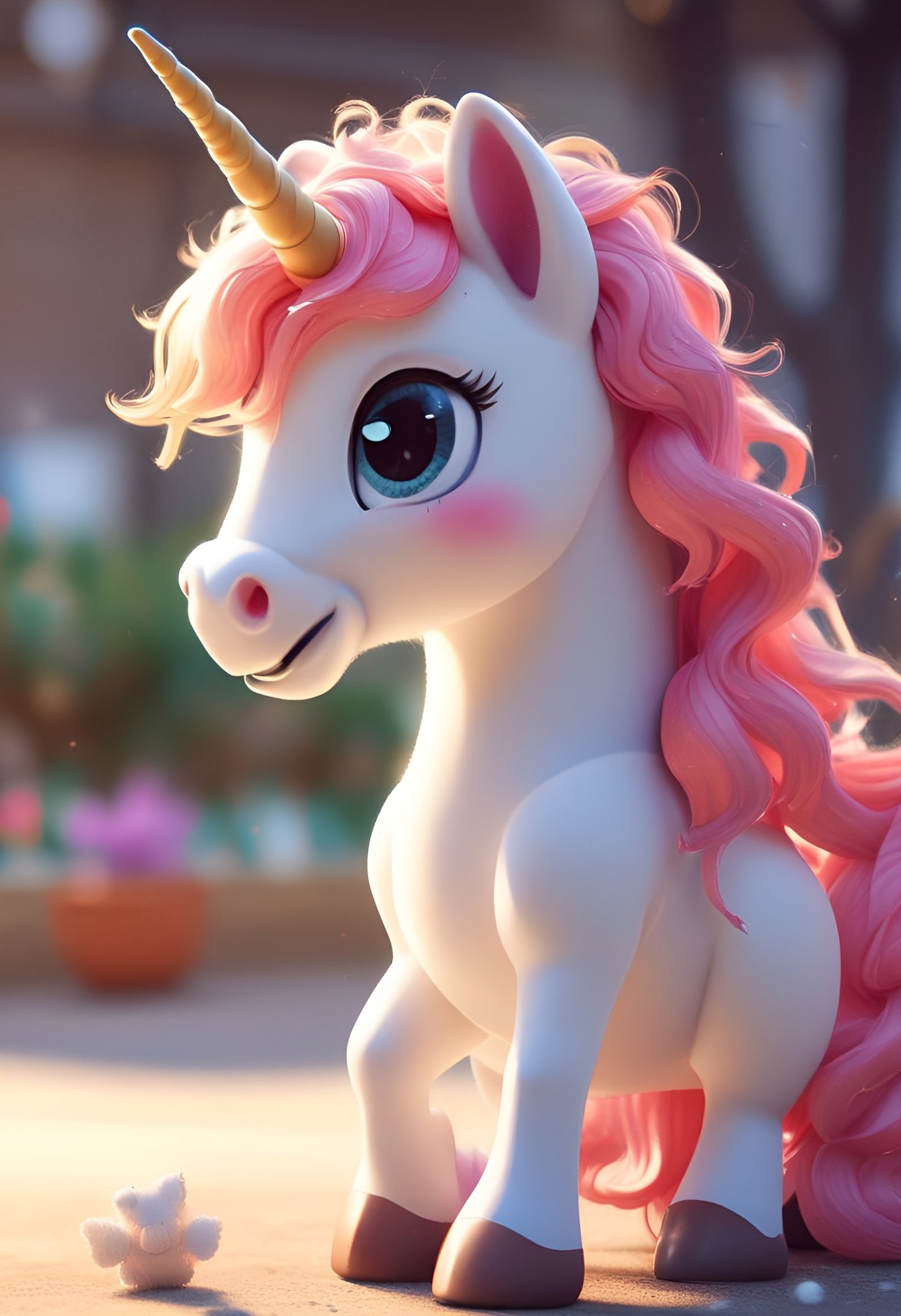 Cute pink unicorn with wavy mane and blue eyes smiling in outdoor setting