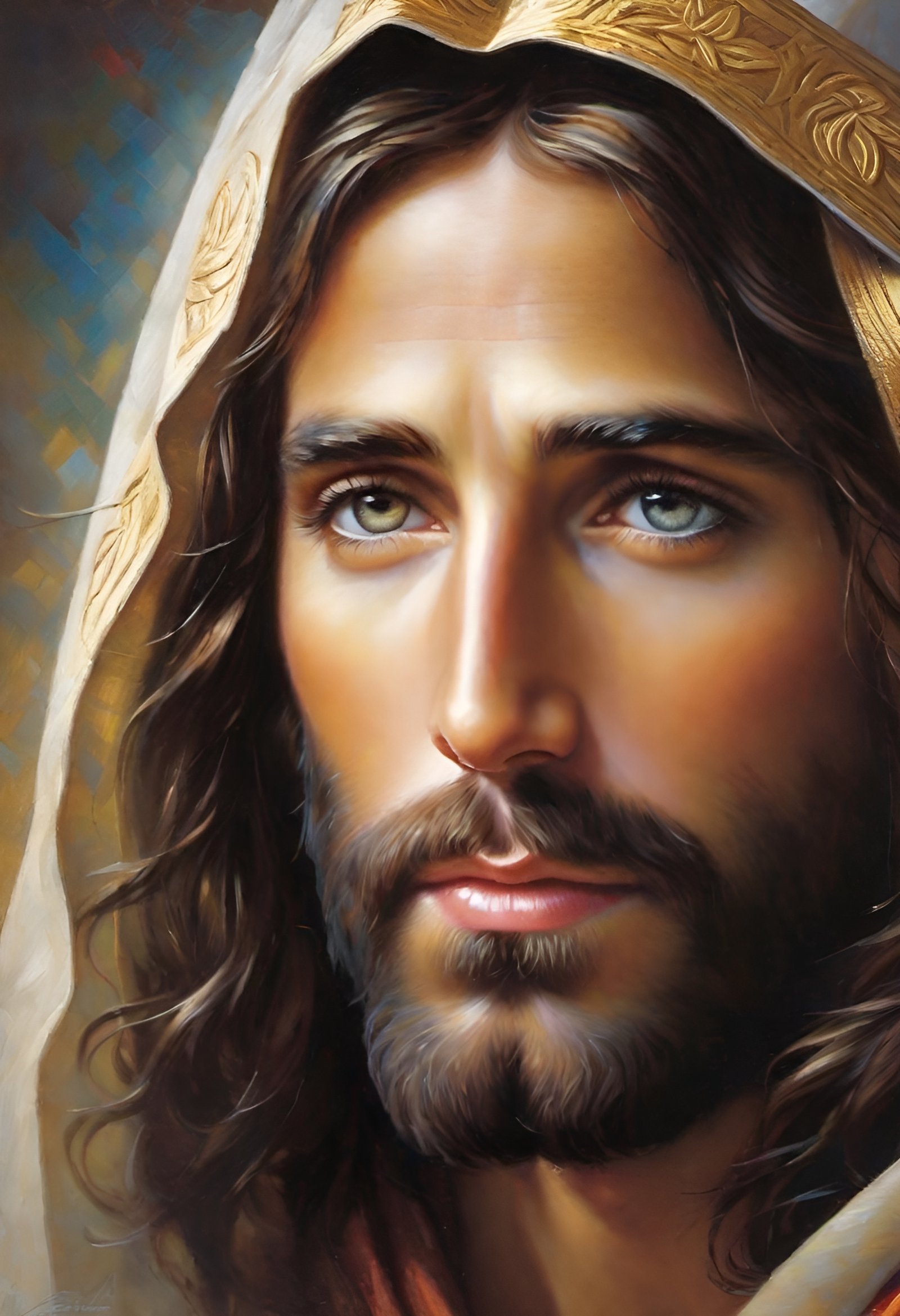 A divine art portrait of Jesus Christ with a glowing golden halo and loving blue eyes