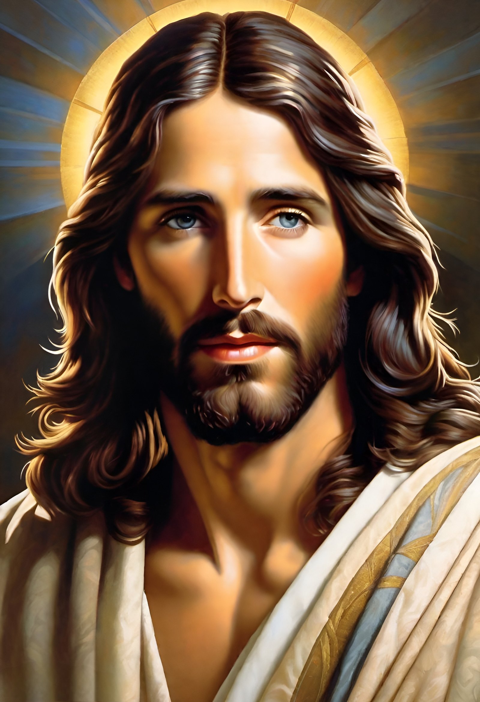 Majestic portrait of Jesus with piercing green eyes and golden crown of light