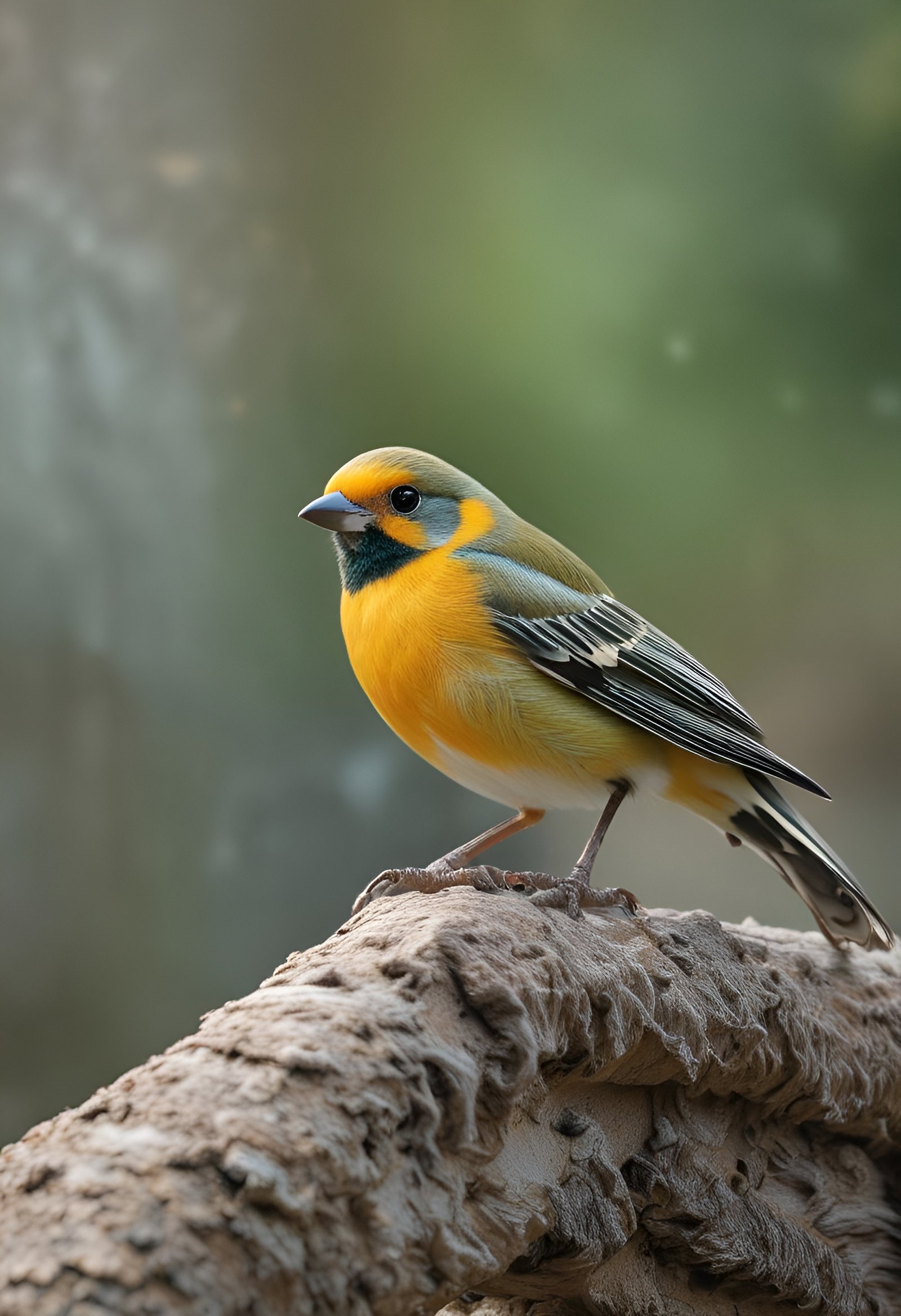 Colorful yellow bird, a Prothonotary Warbler with blue mask perched on tree branch in forest