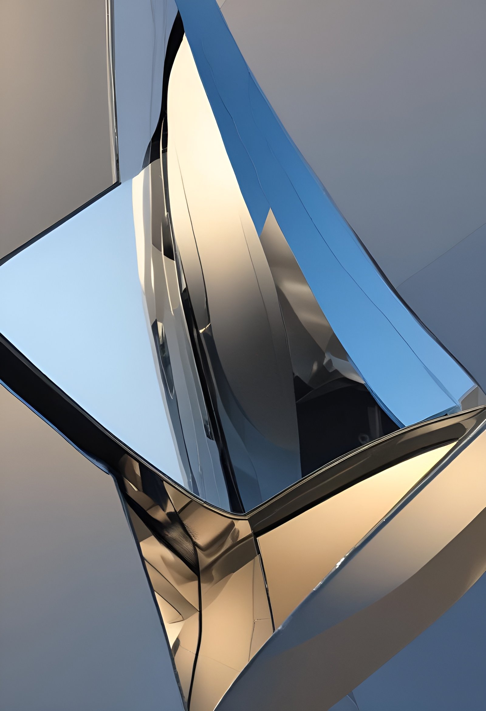 Abstract art closeup of curved metallic building panels in blue and gold