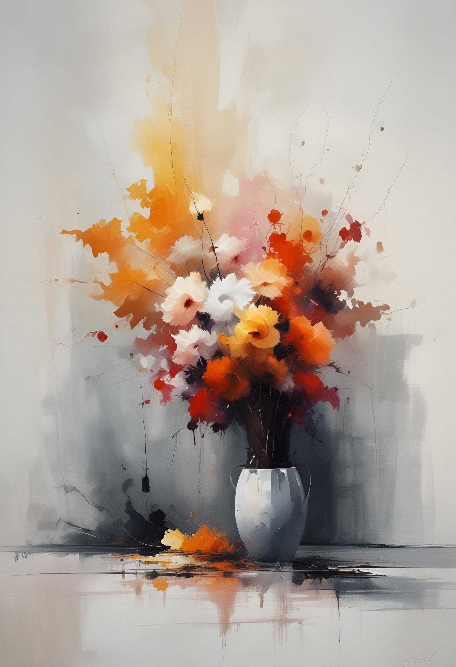 Vibrant abstract bouquet with dripping paint effects in white vase on reflective surface