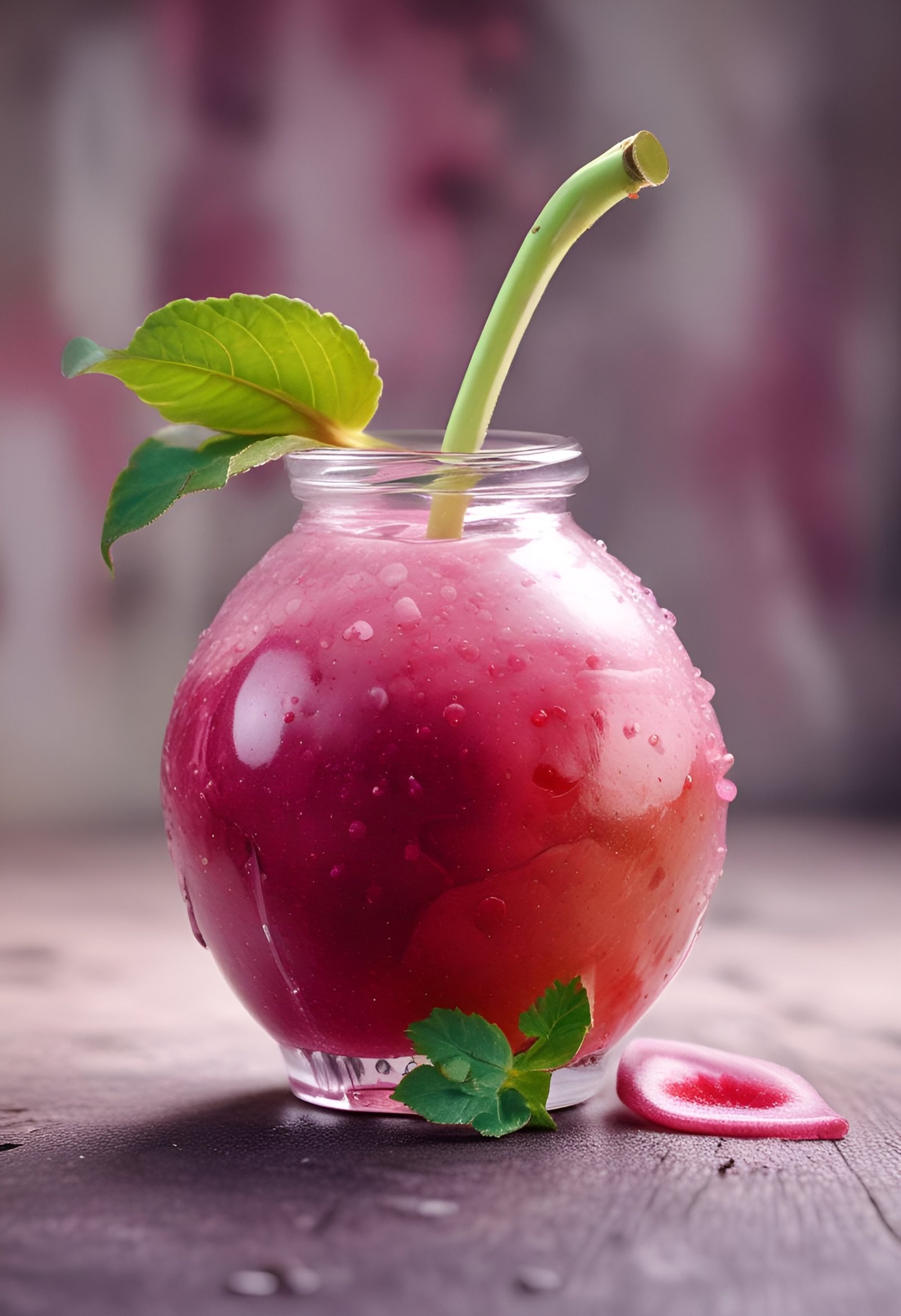 Pink smoothie in apple-shaped glass with green straw and mint on wooden table