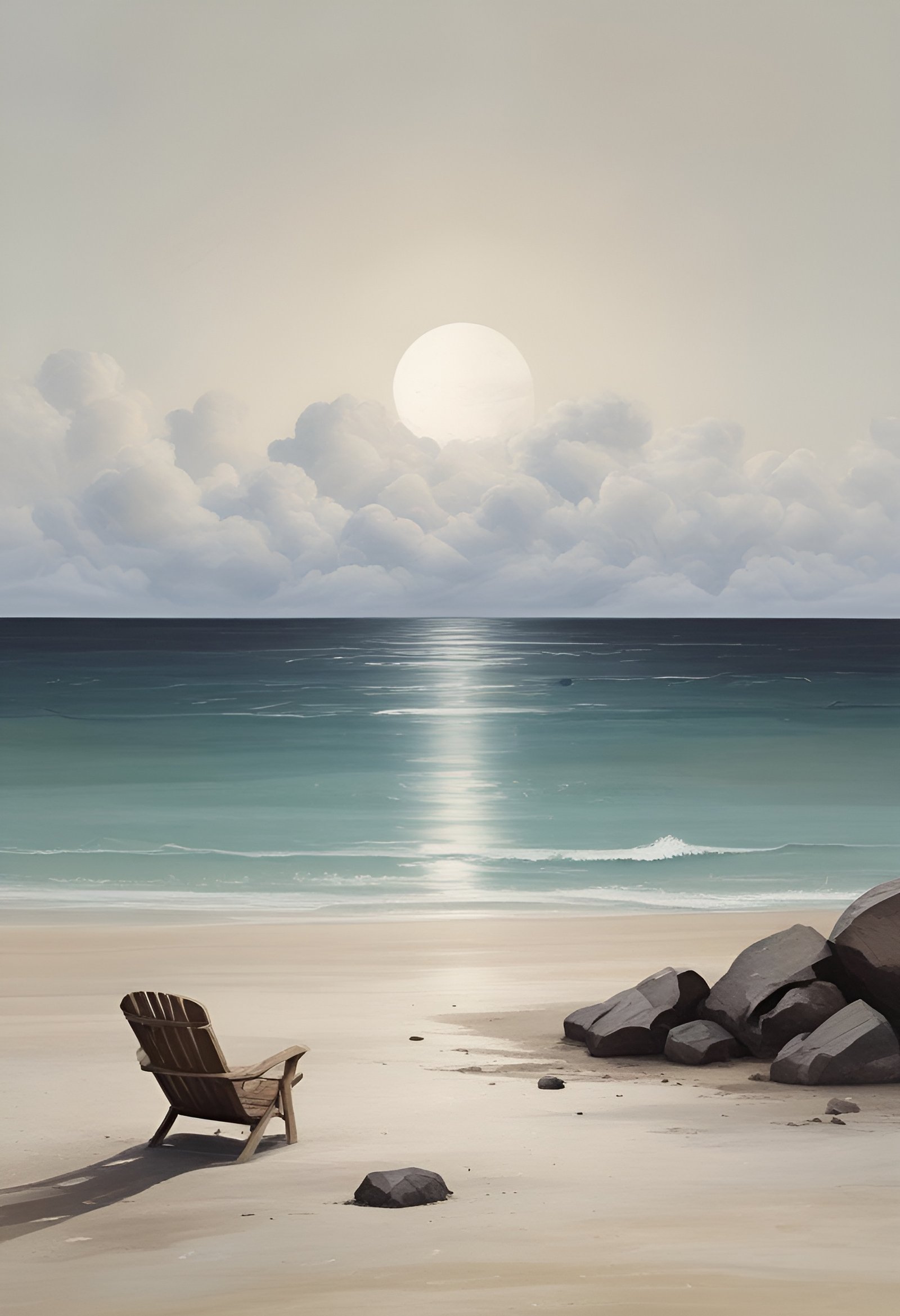 Empty wooden chair on sandy beach facing ocean with rocks and large sun behind clouds