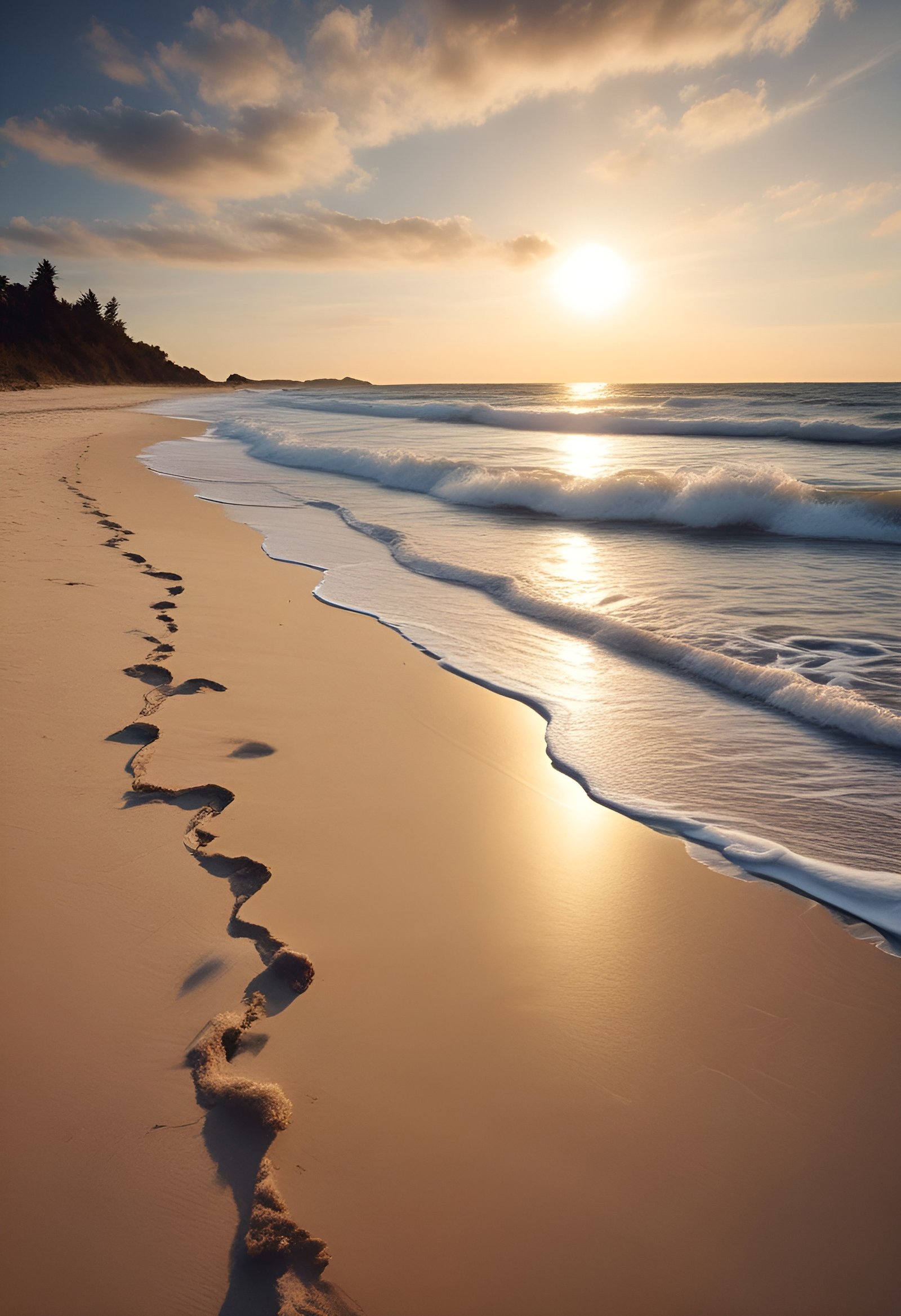 Trail of footprints on a sandy beach with waves and sunset over ocean
