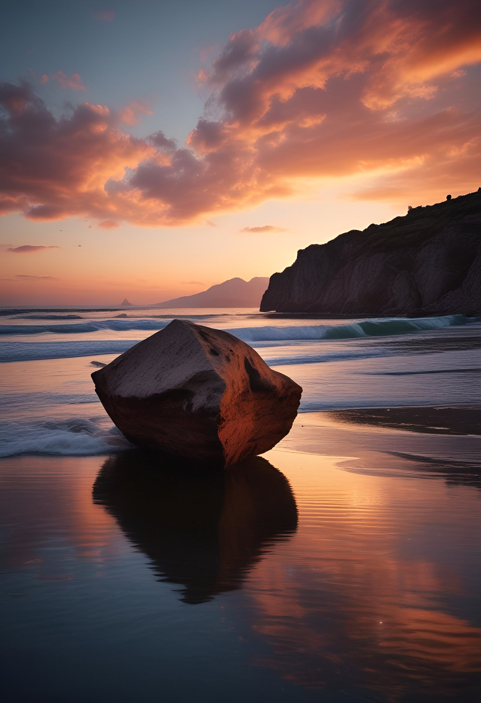 Stunning coastal sunset with dramatic orange sky, cliffs and glowing waves