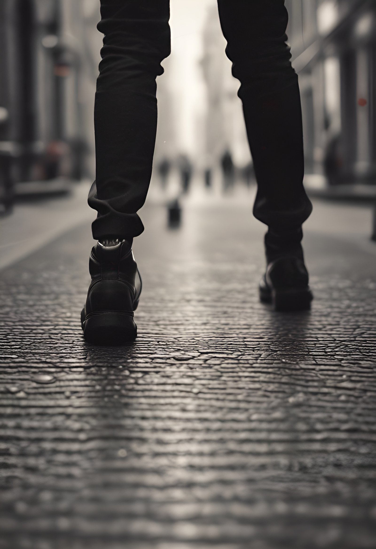 A black and white artistic photo  walking on a cobblestone city street