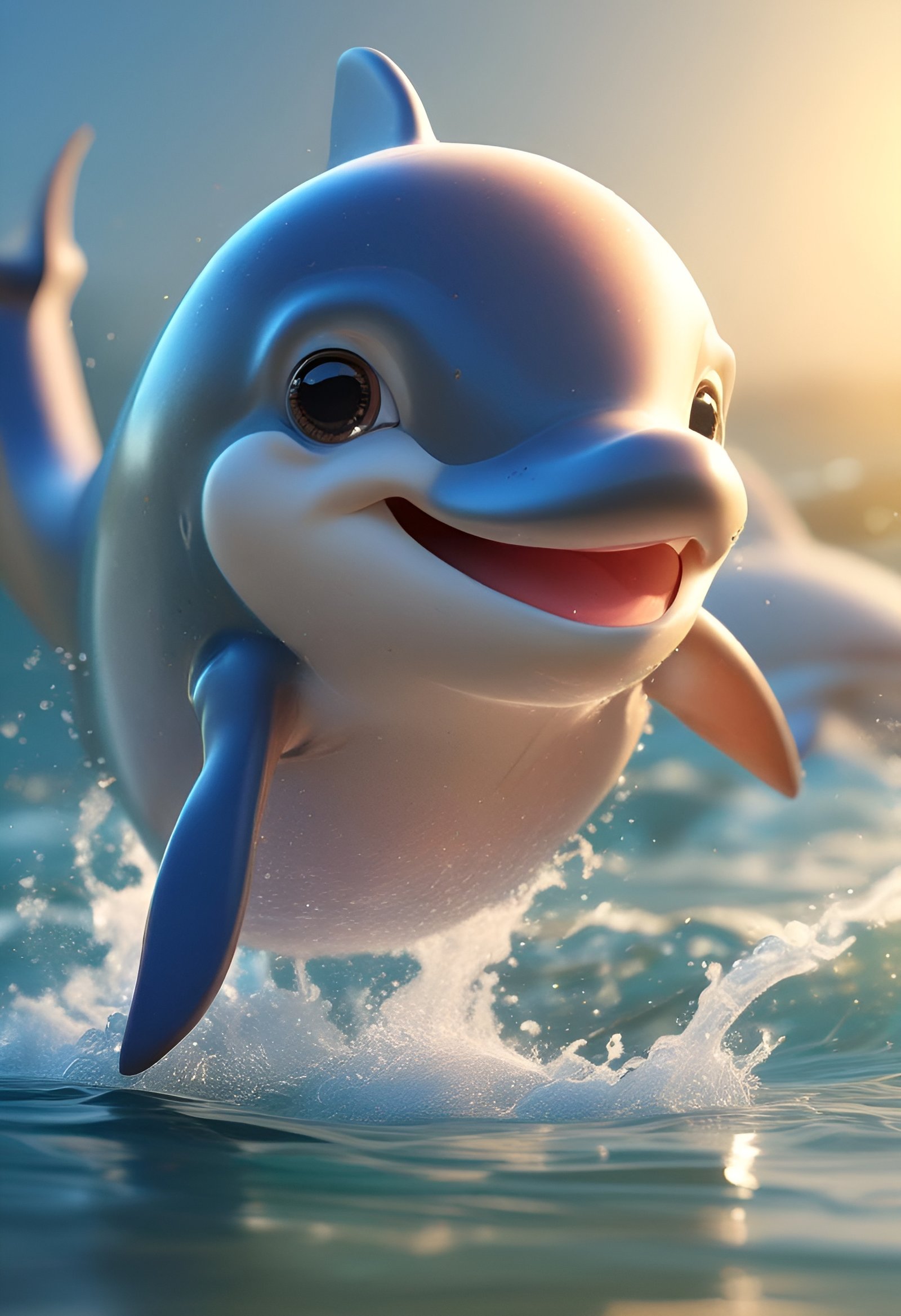 Cute blue dolphin jumping from water with smiling face and big eyes against sunset background