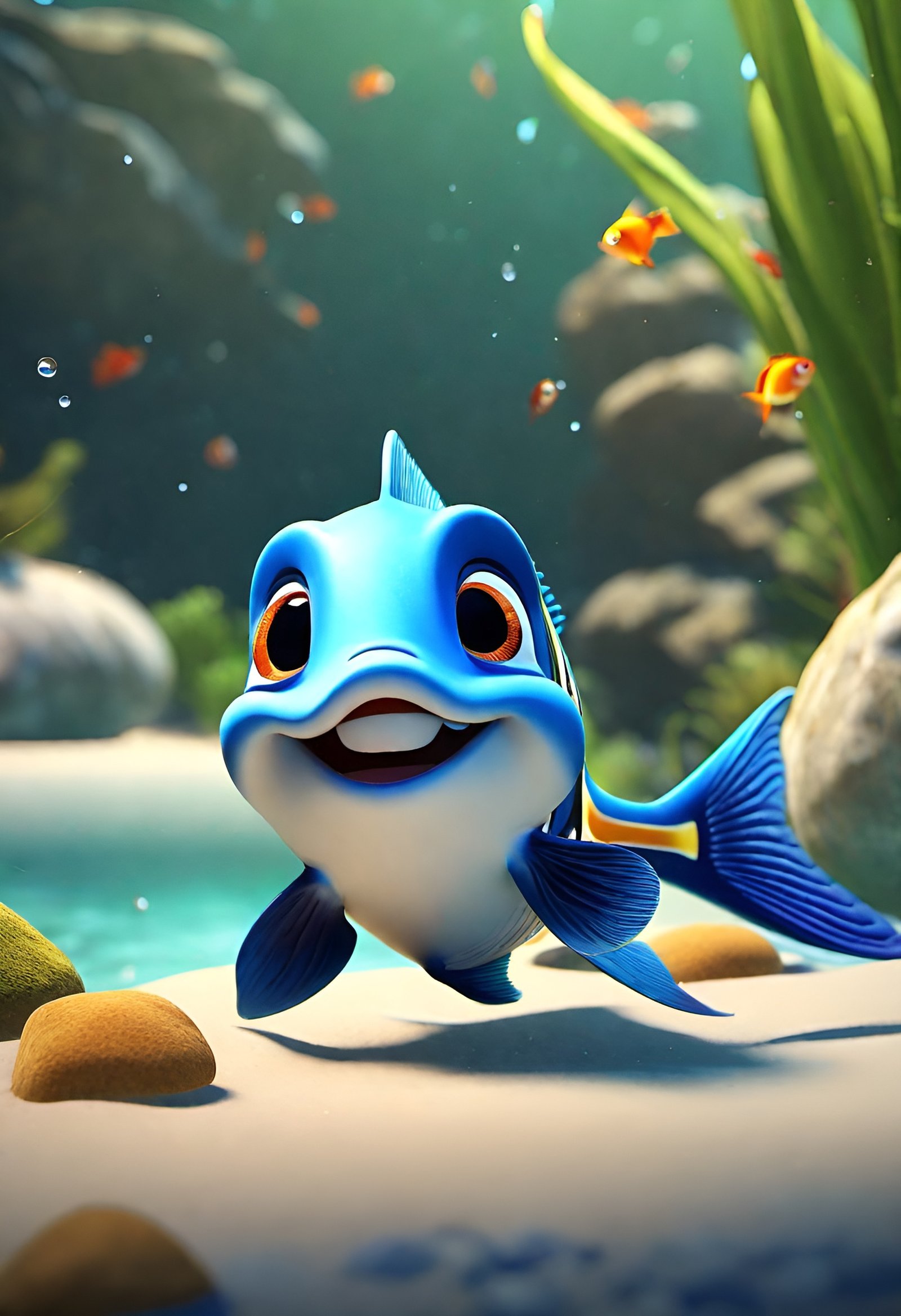 Cheerful blue cartoon fish smiling underwater with rocks and seaweed