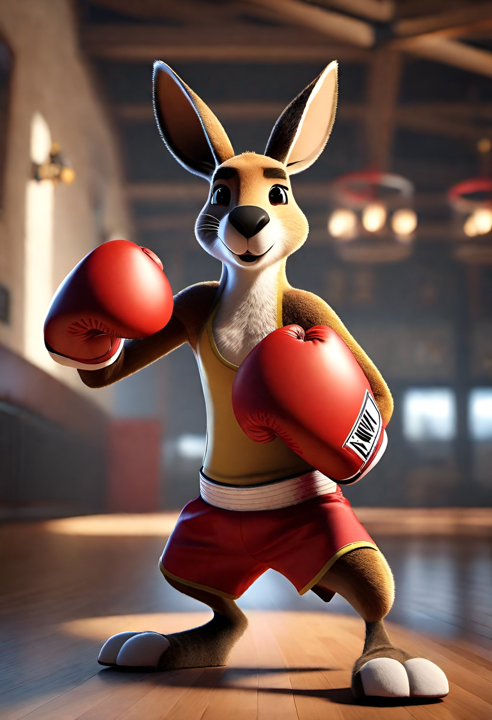 Anthropomorphic kangaroo wearing red boxing gloves ready to fight in gym