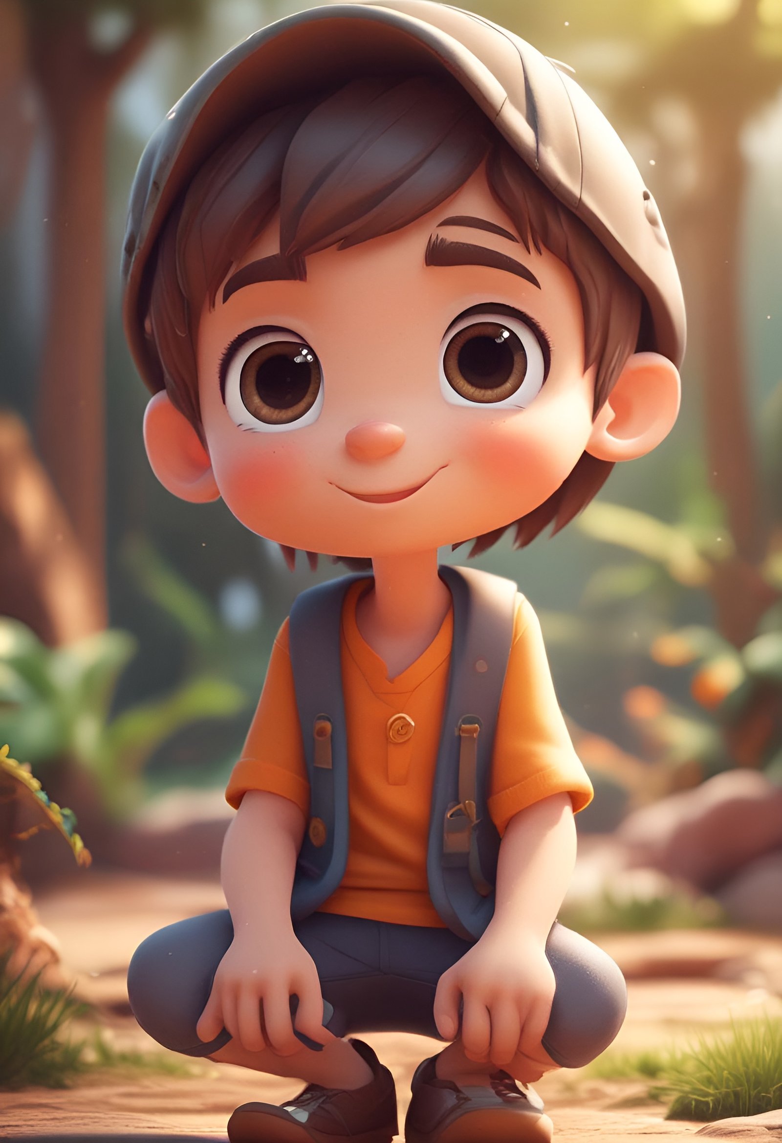 Young boy crouching on forest path wearing cap vest and shirt with large eyes smiling