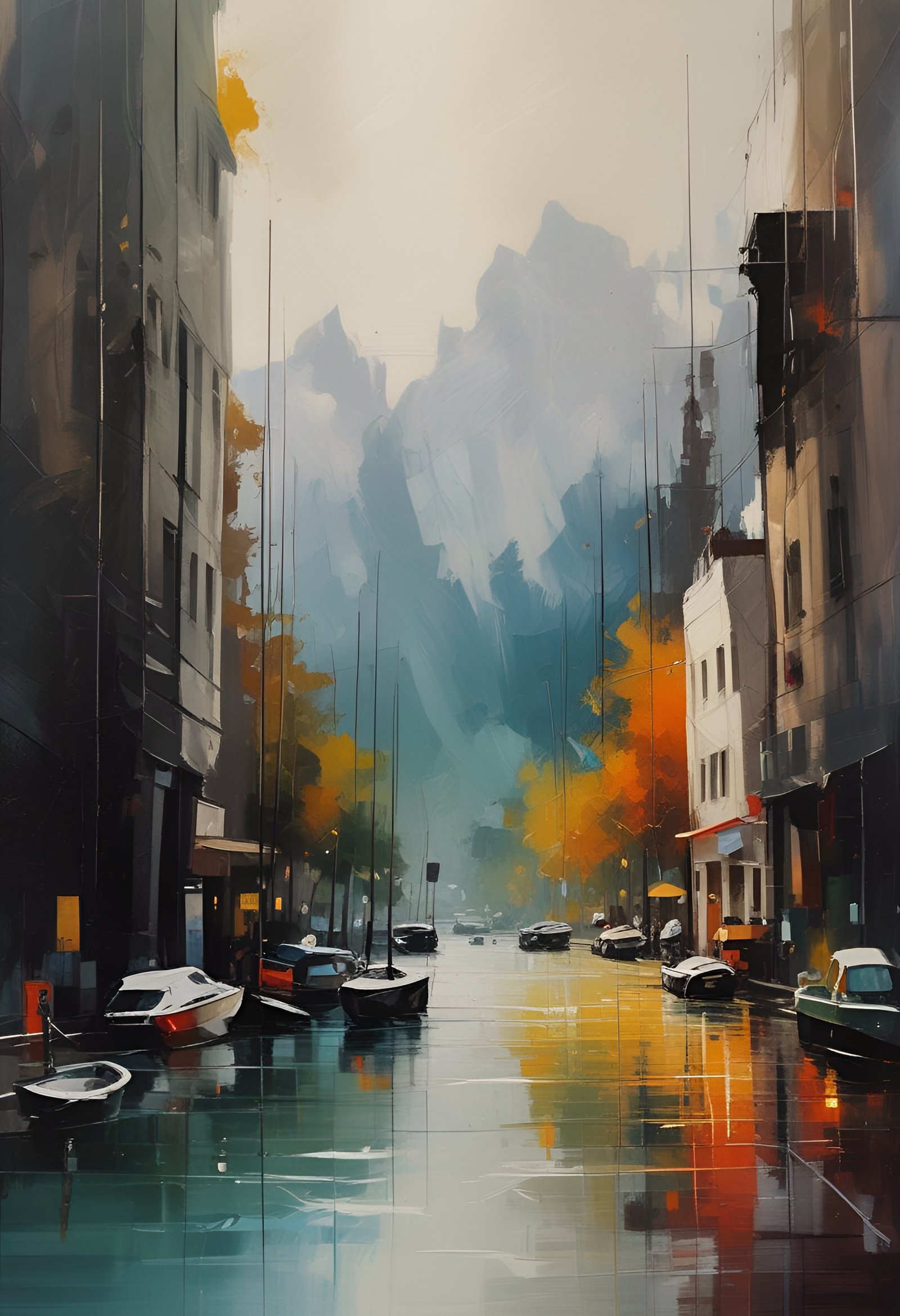 A boat filled harbor city at rainy dusk with surreal painted backdrop and glowing reflections