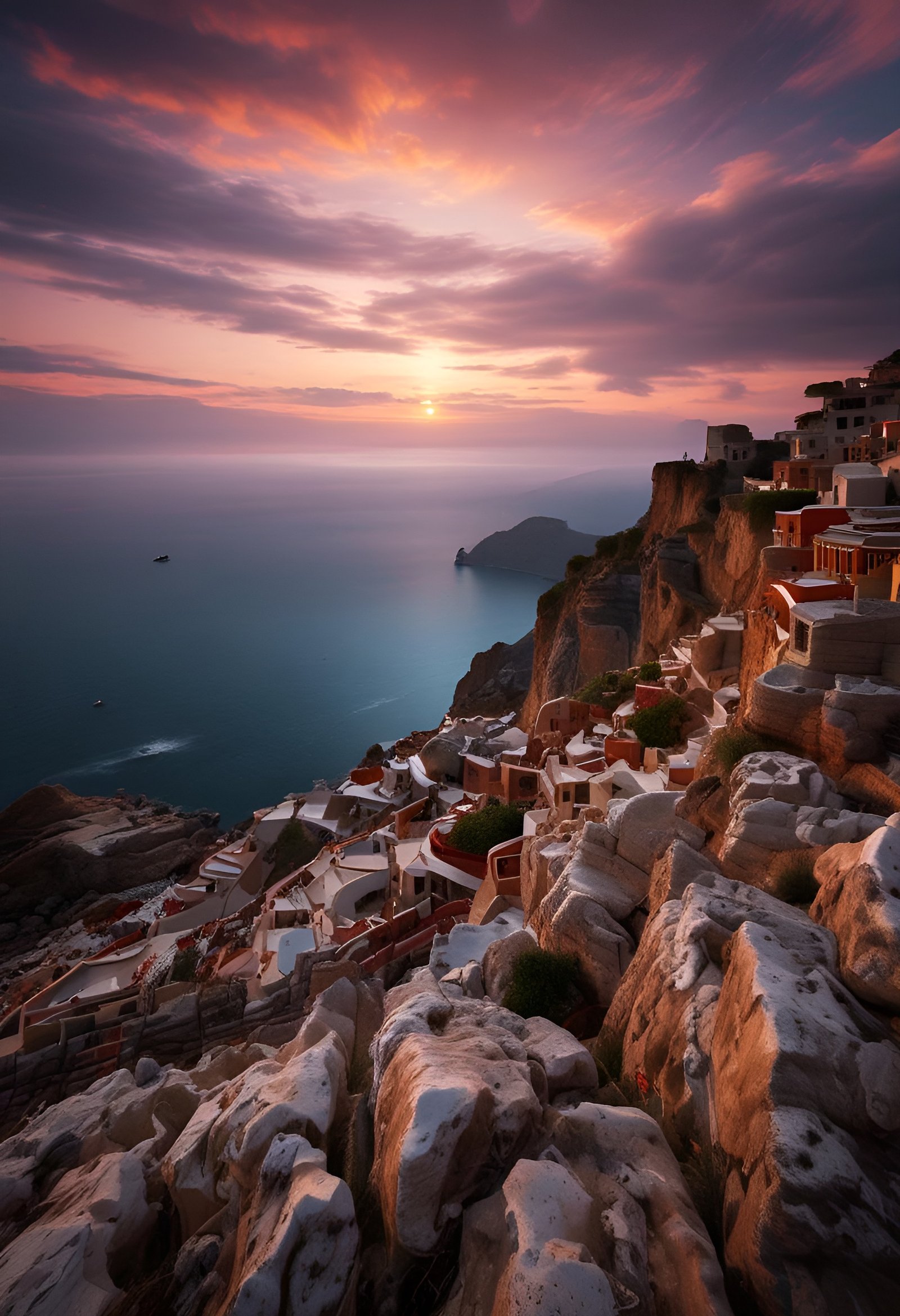 Cliffside village with white buildings overlooking sea at sunset with boats in water