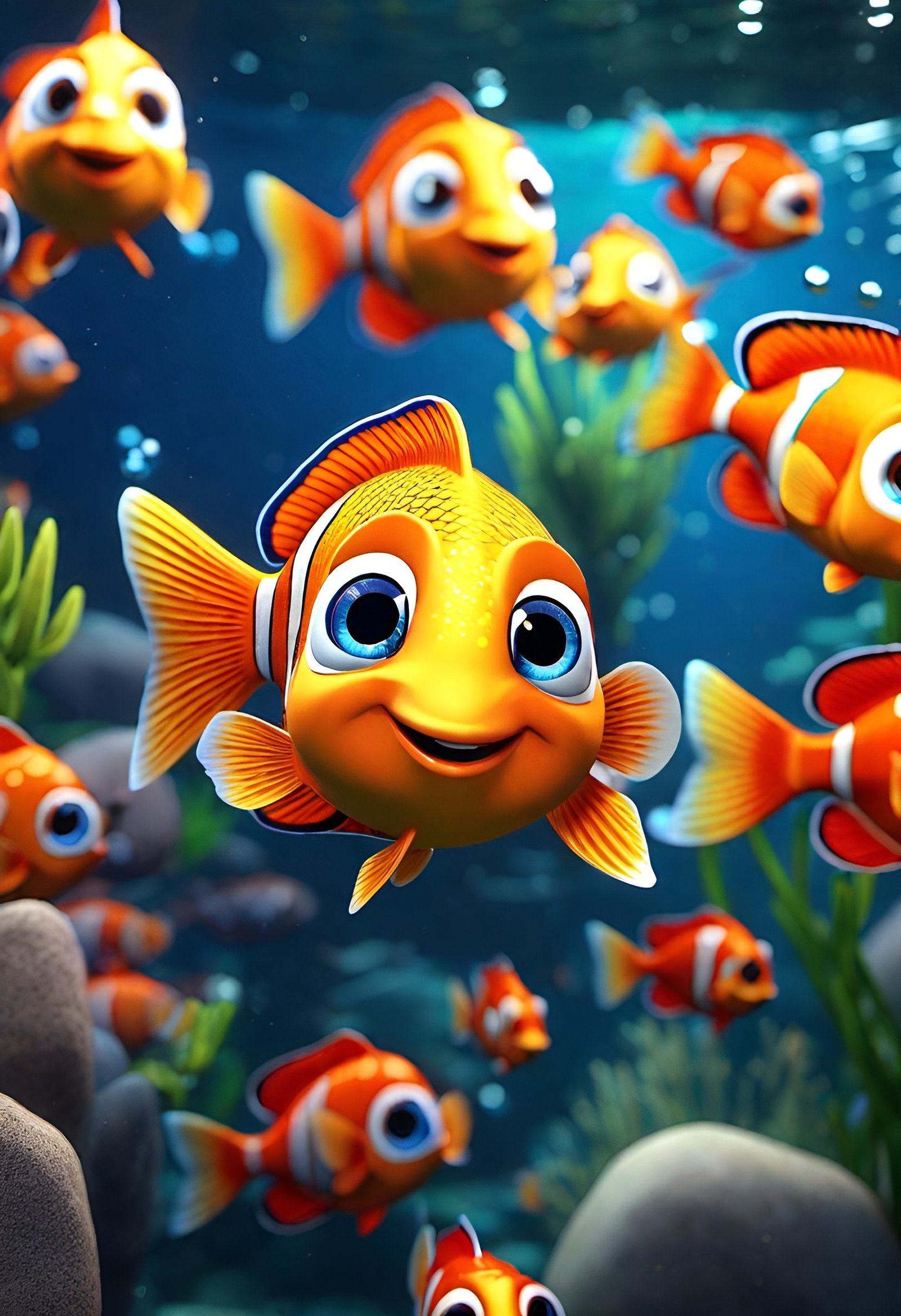 Cute school of clownfish swimming together in vibrant underwater scene