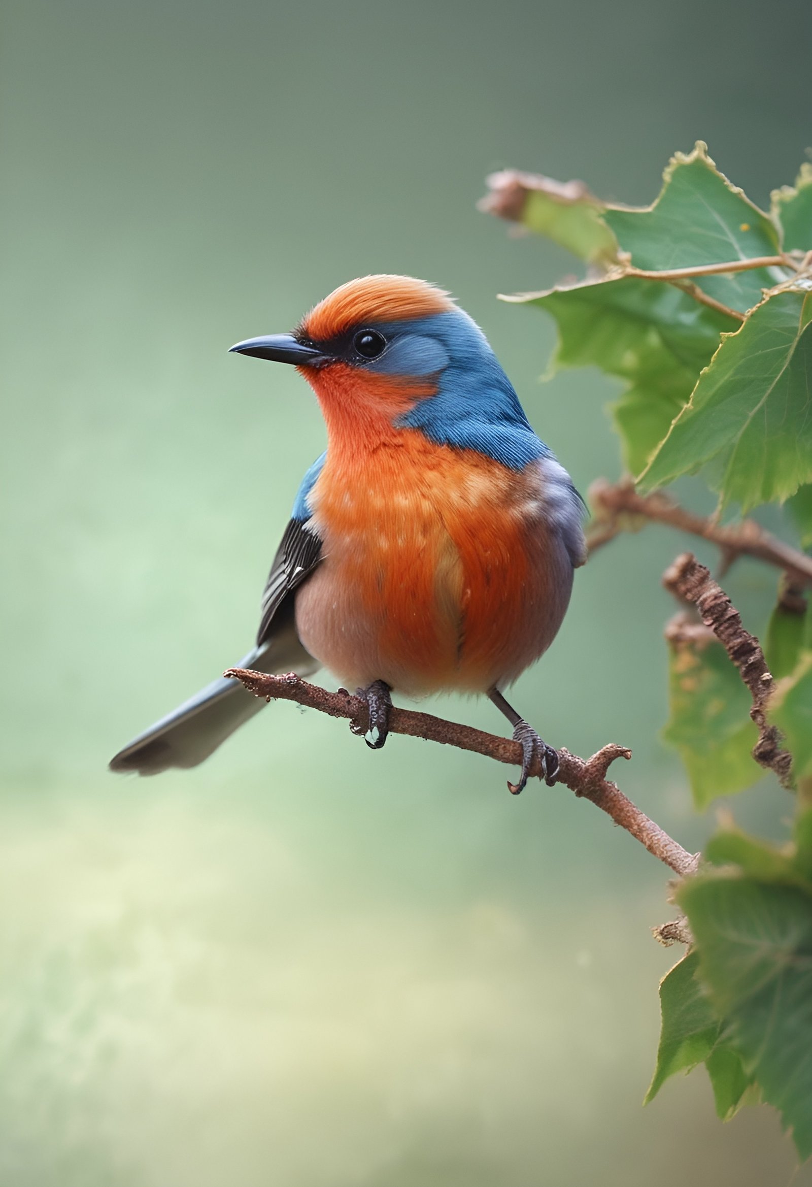Vibrant bird with orange head blue neck and red body perched on branch with green leaves