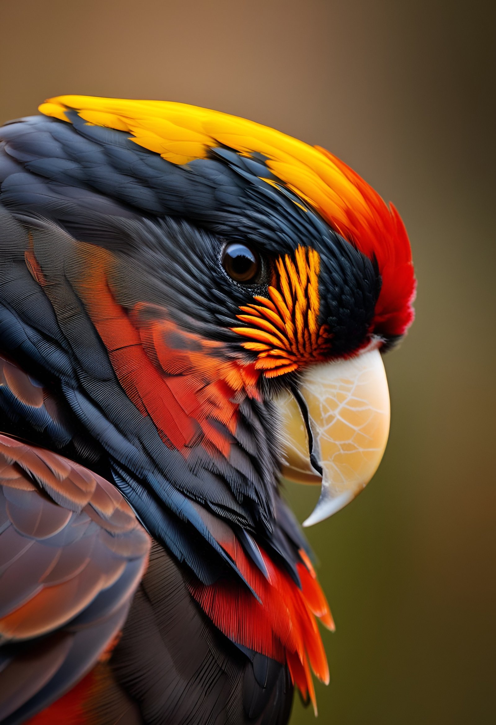 Closeup of colorful parrot with yellow head and red feathers on blurred background