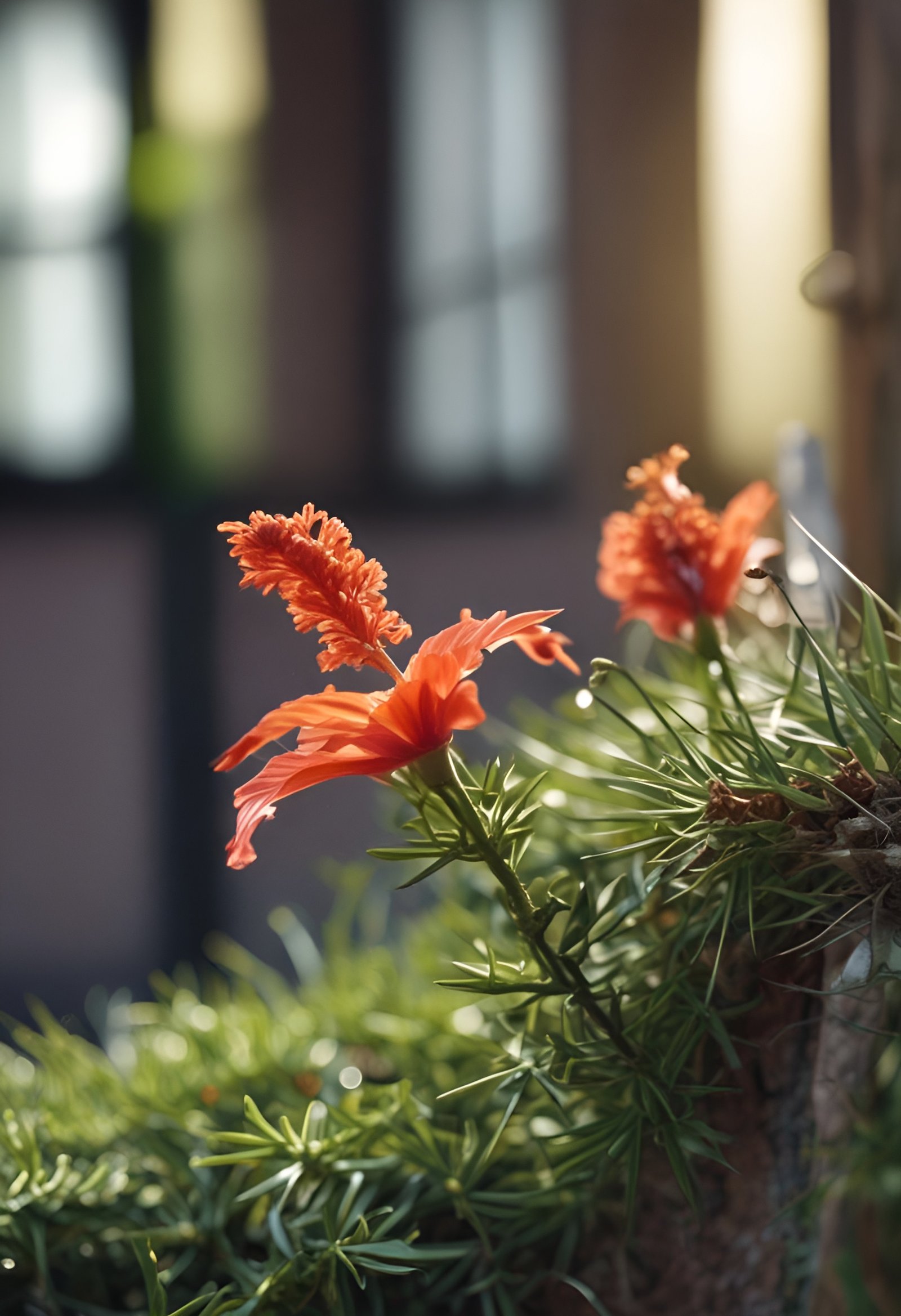Vibrant coral hibiscus flowers in soft window light with lush green foliage
