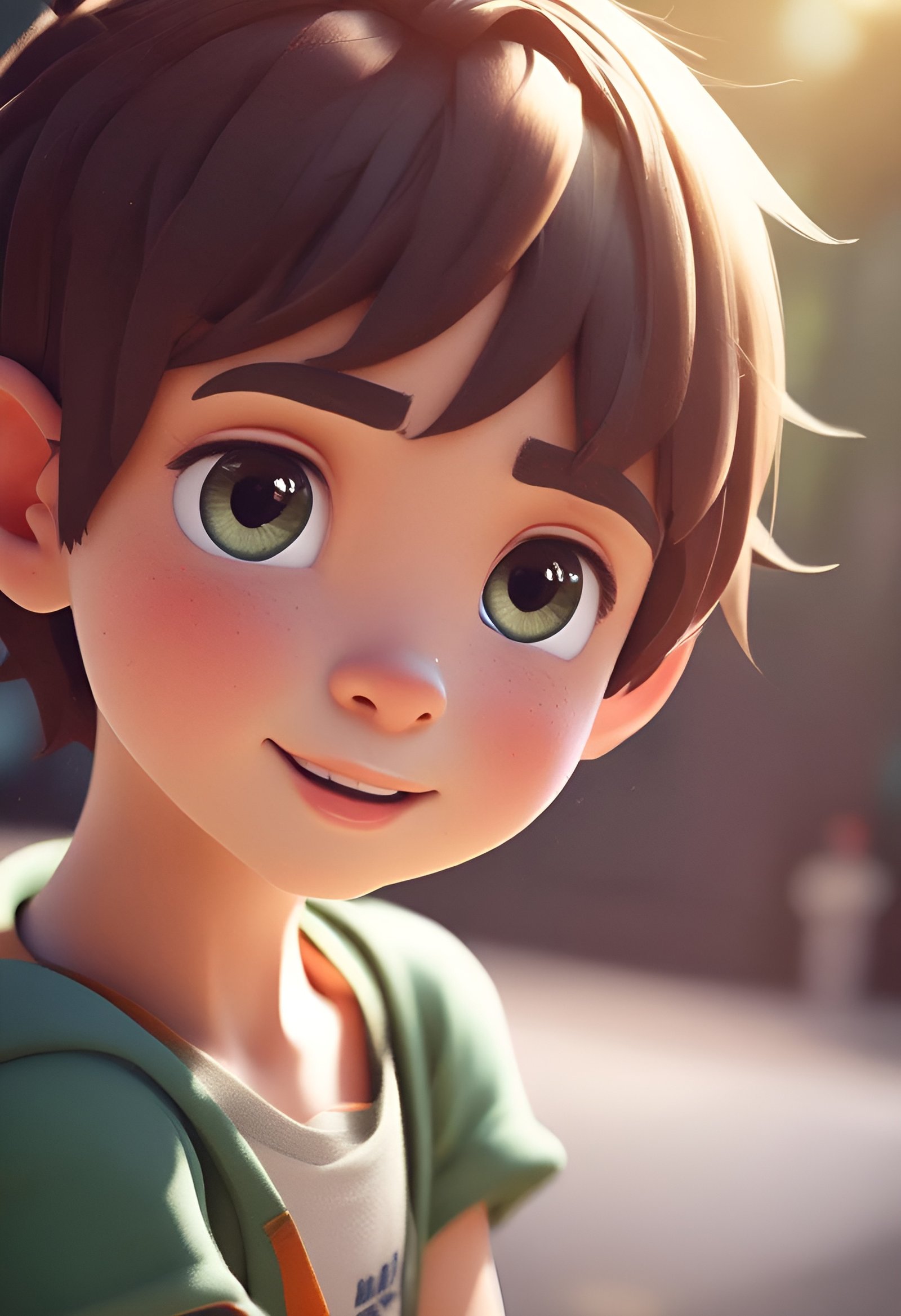 Animated boy with brown hair and green eyes smiling in sunny outdoor