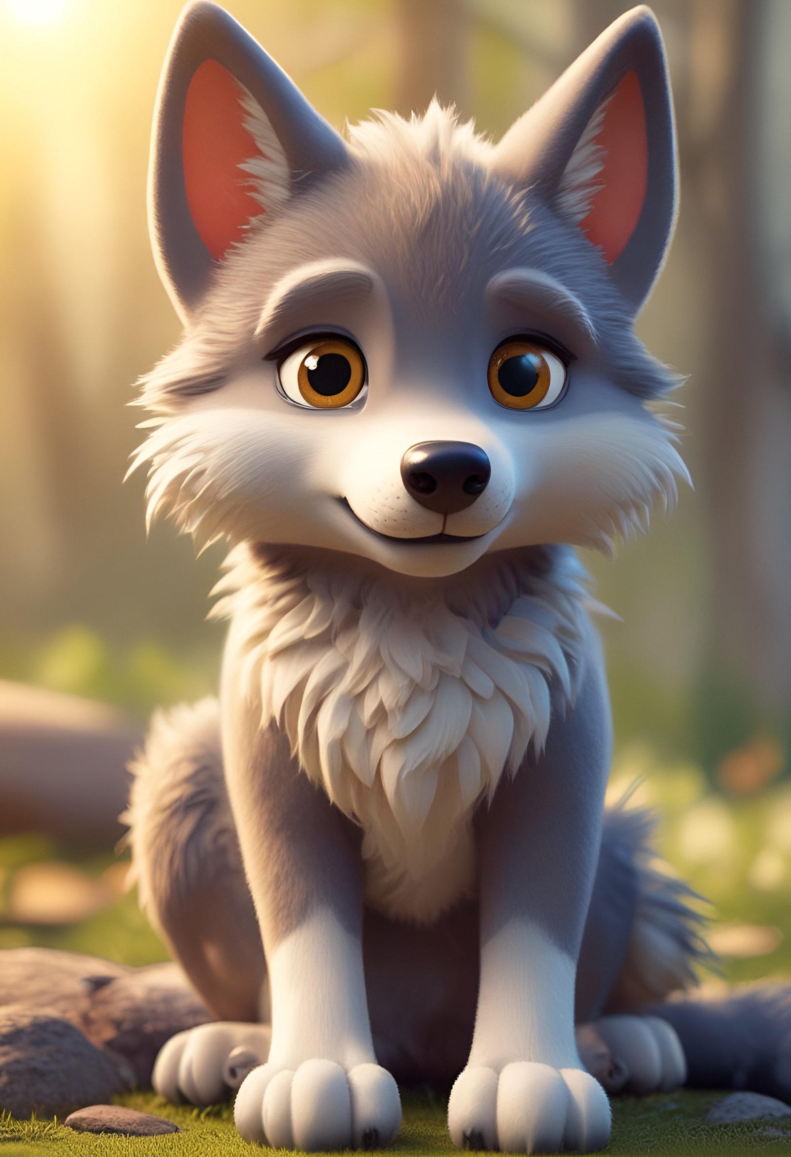 Adorable gray wolf pup sitting in grassy forest with large eyes and smiling expression