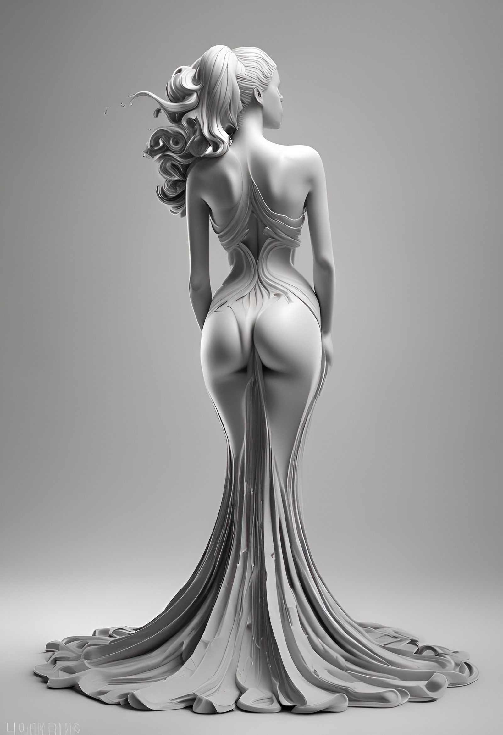 Grayscale sculpture of woman from back in flowing dress with ponytail and curved forms