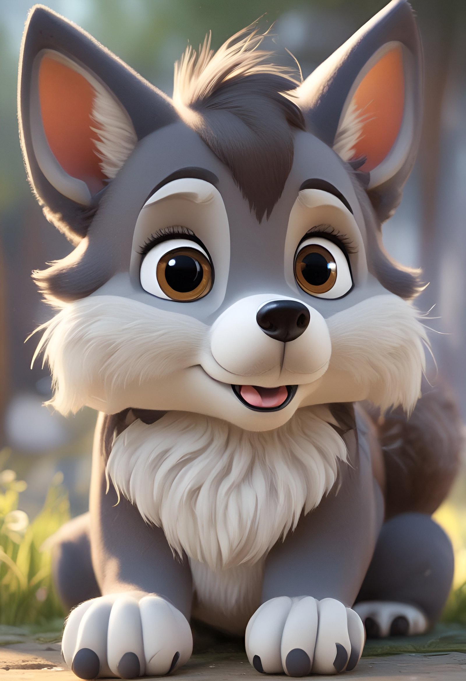 Cute gray wolf pup with big brown eyes and smiling mouth sitting on ground with white fur chest