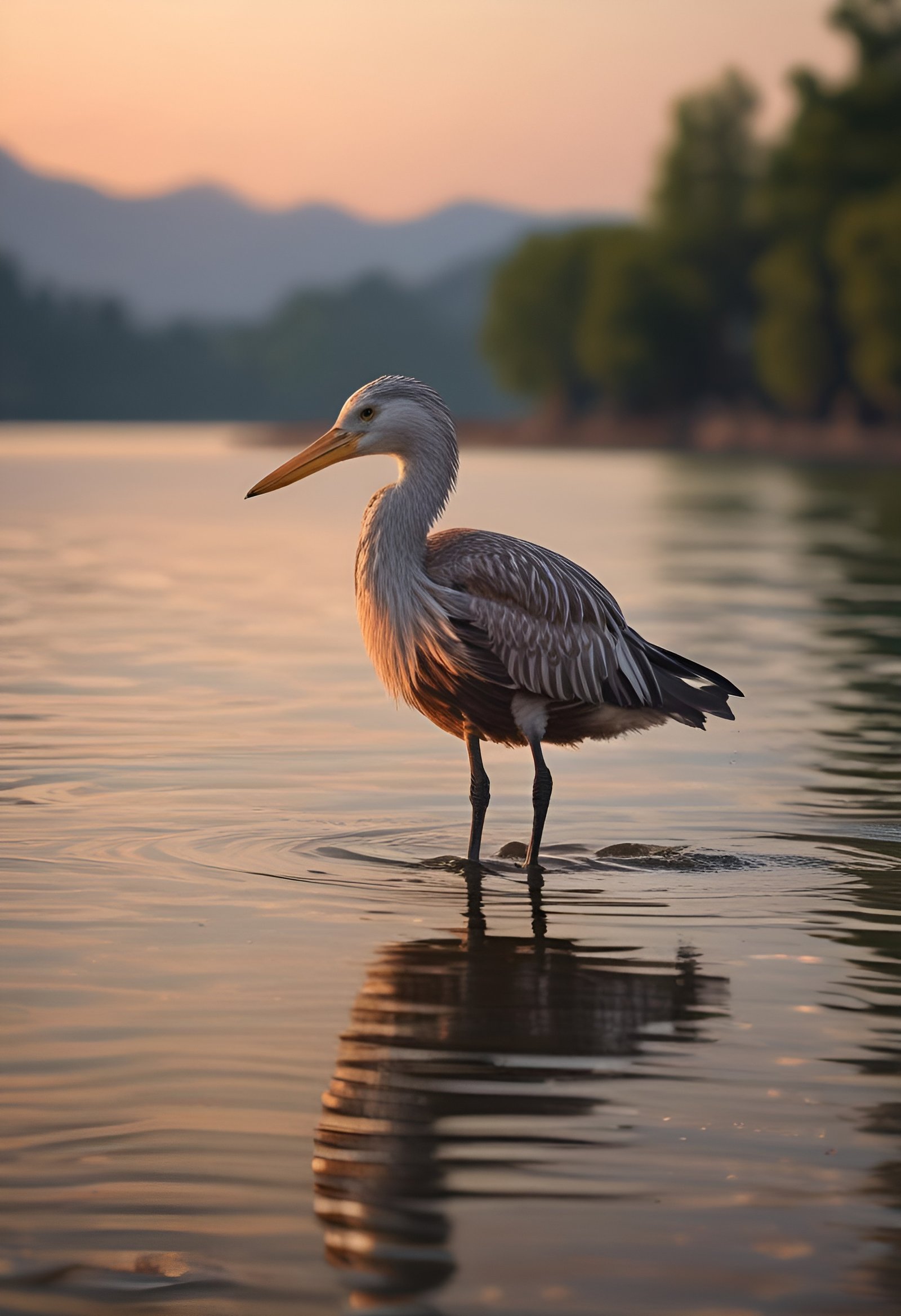 Great blue heron standing in shallow water with reflection at sunset near mountains