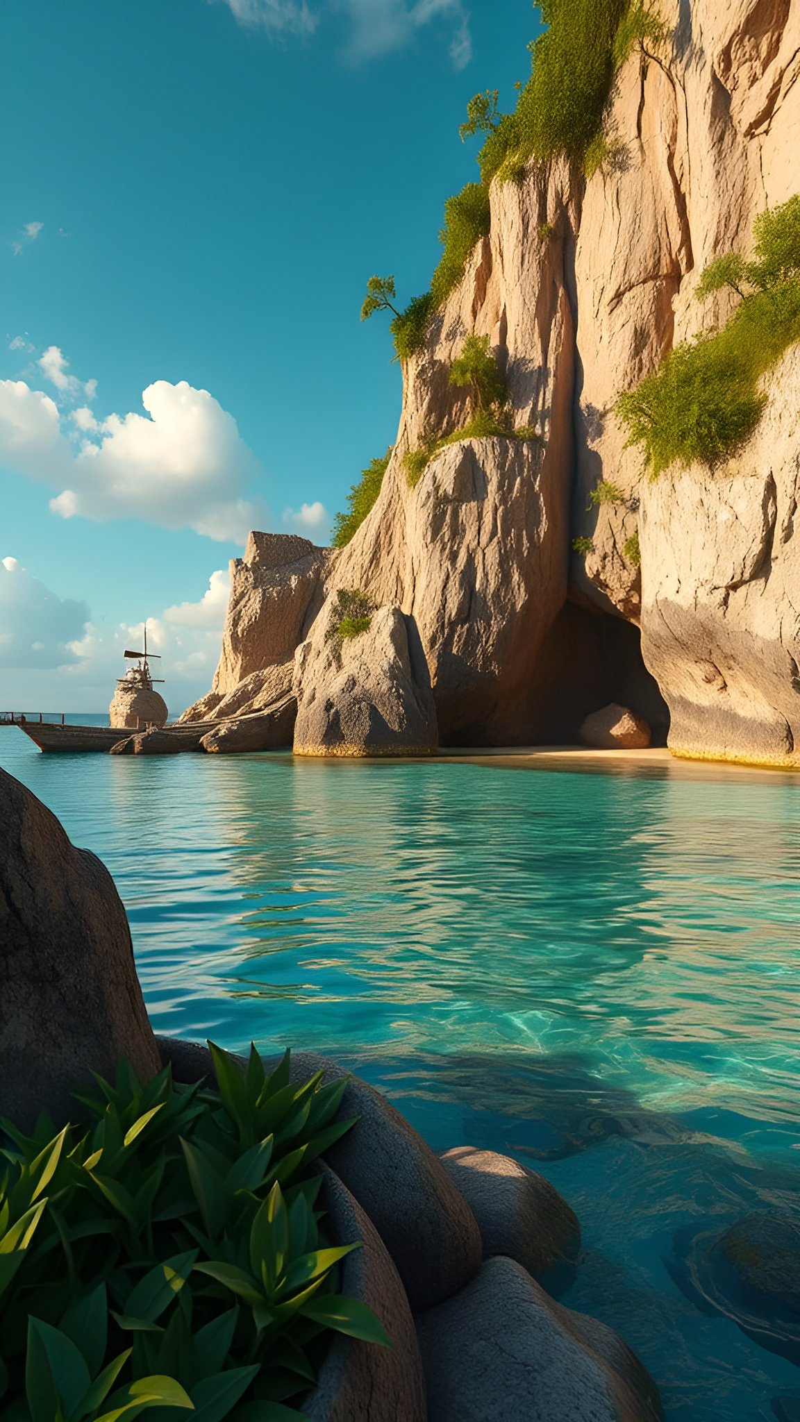 Secluded turquoise cove with dramatic cliffs and small boat under clear blue sky