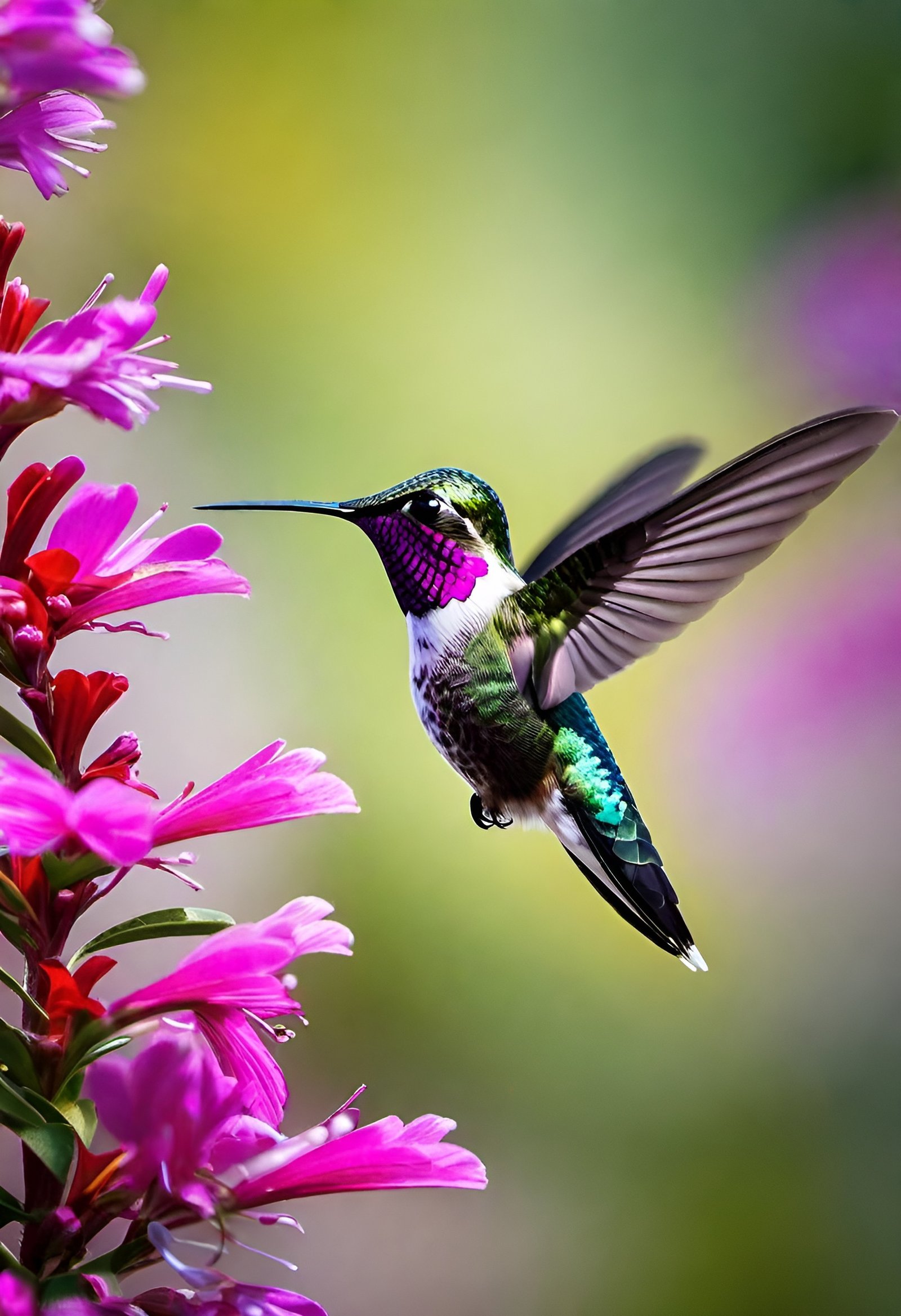 Vibrant hummingbird feeding on pink flowers in lush green background
