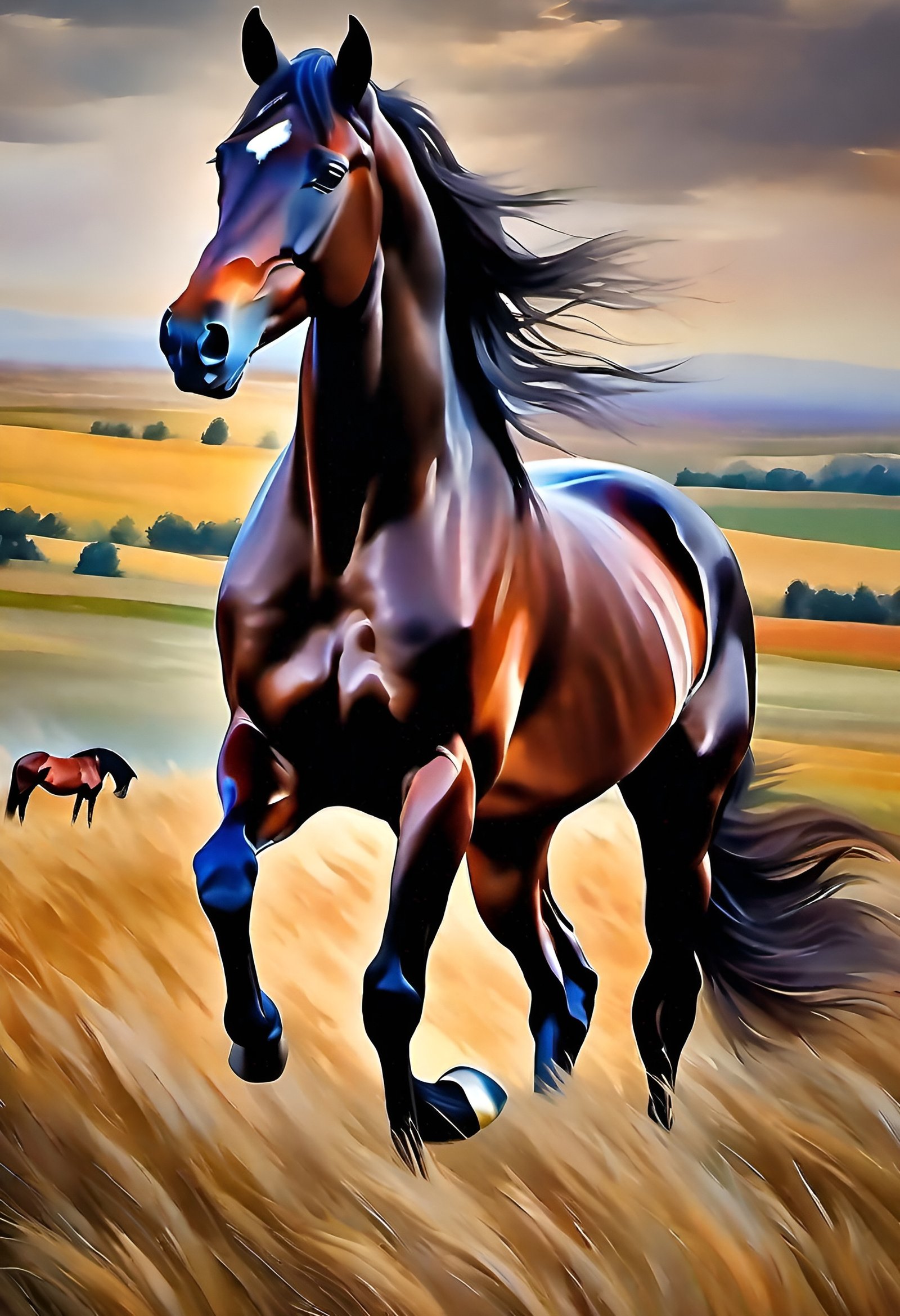 Powerful brown horse galloping through golden wheat field at dramatic sunset