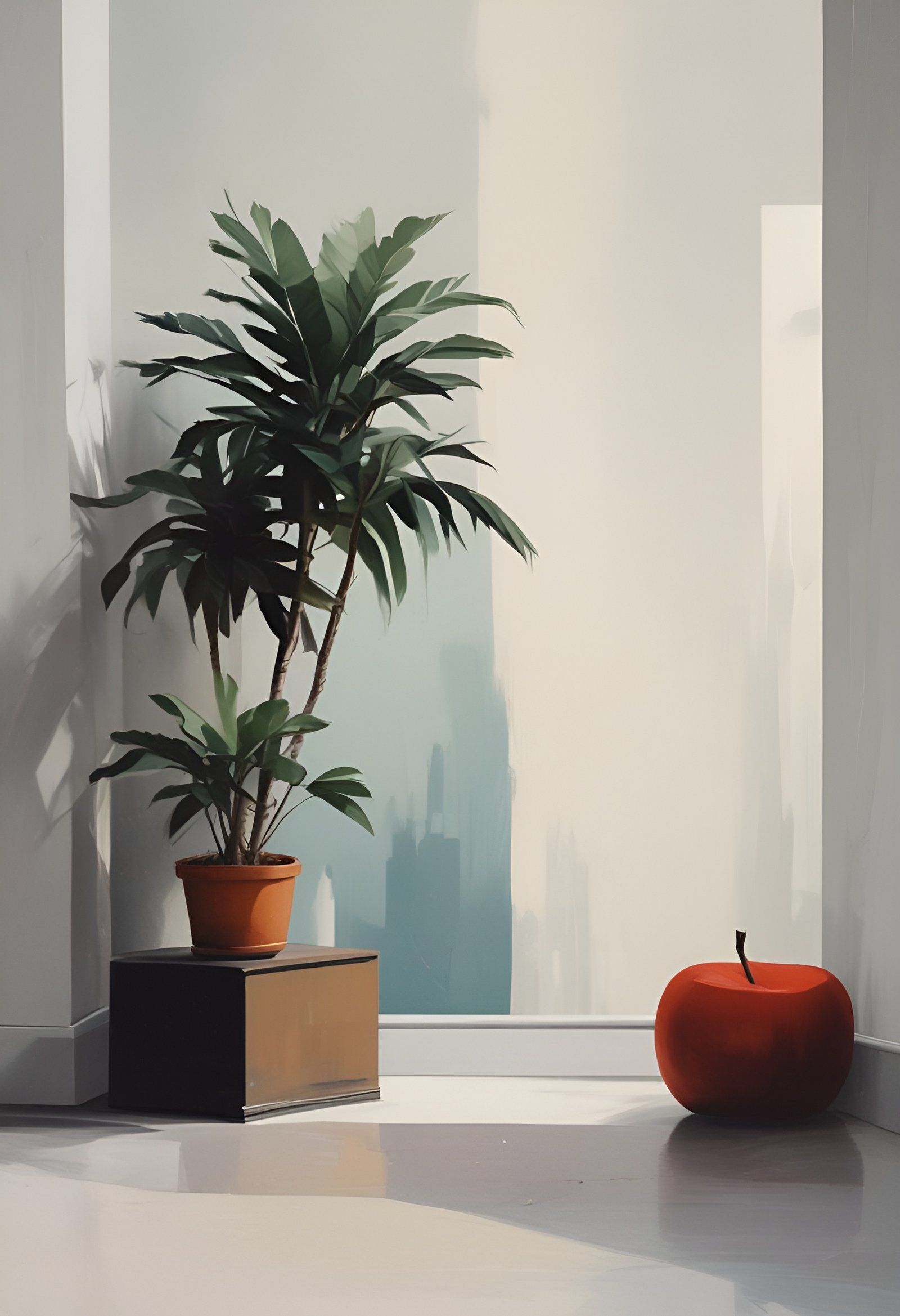 Serene minimal interior with tall potted plant and oversized red apple in gentle window light