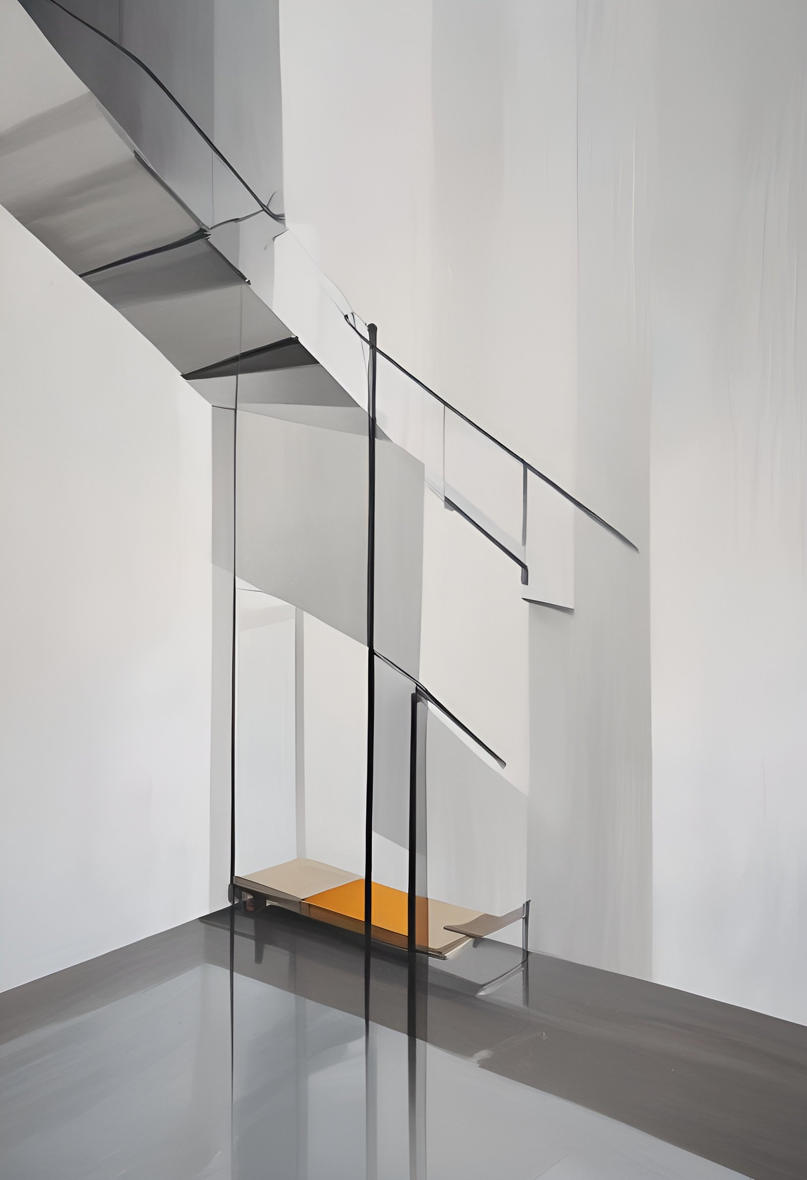 Minimalist yellow cot and interior with a handrail on a gray floor against white walls