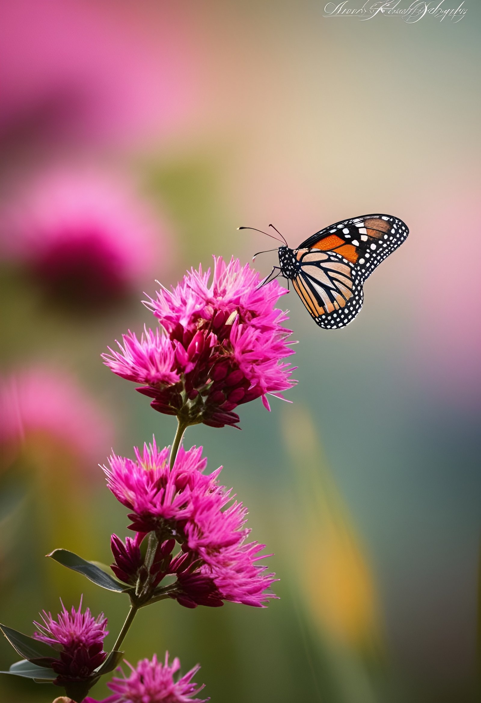 Monarch butterfly landing on pink flowers with orange wings and black veins
