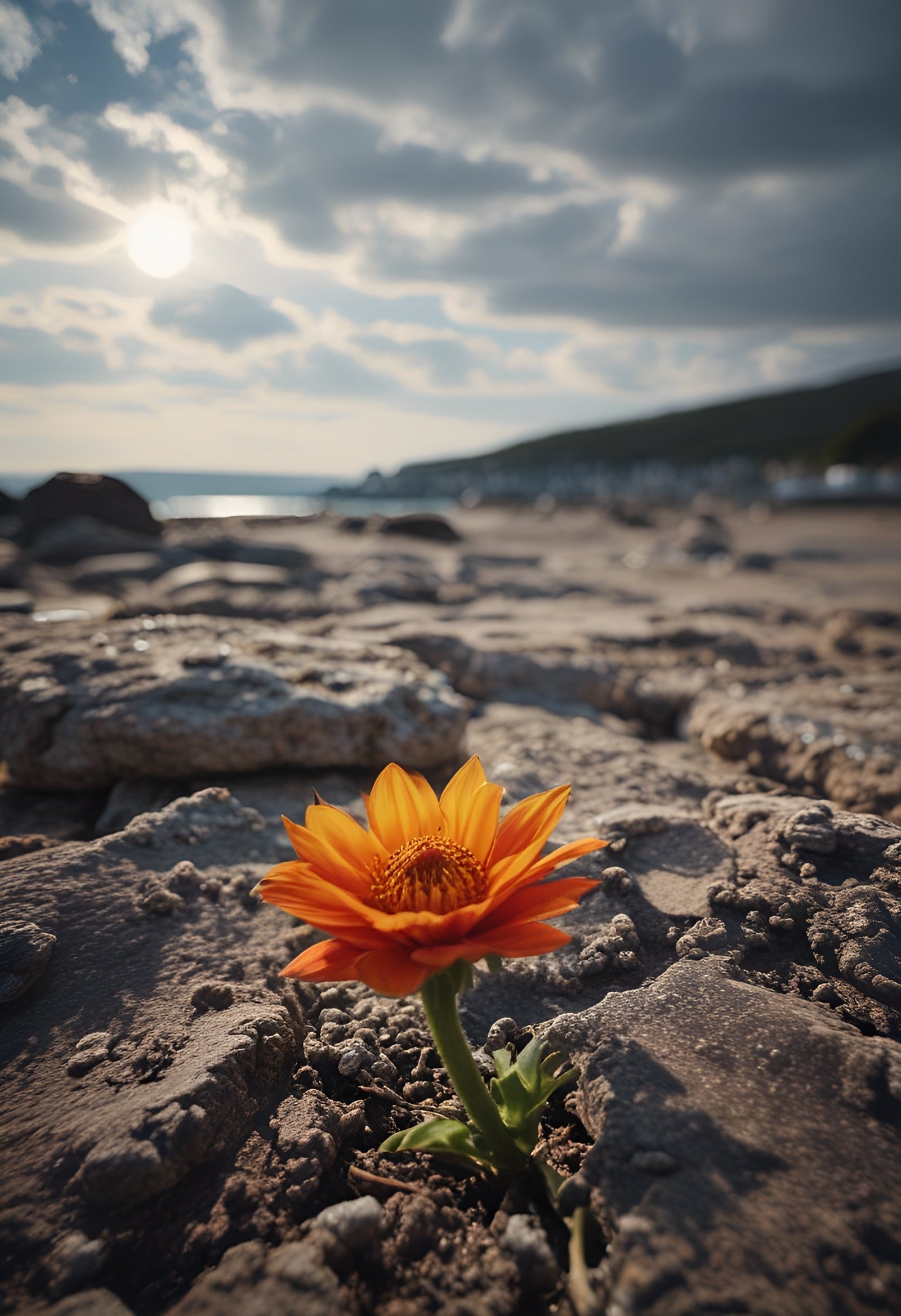 Single resilient orange flower blooming defiantly from cracked rocky ground