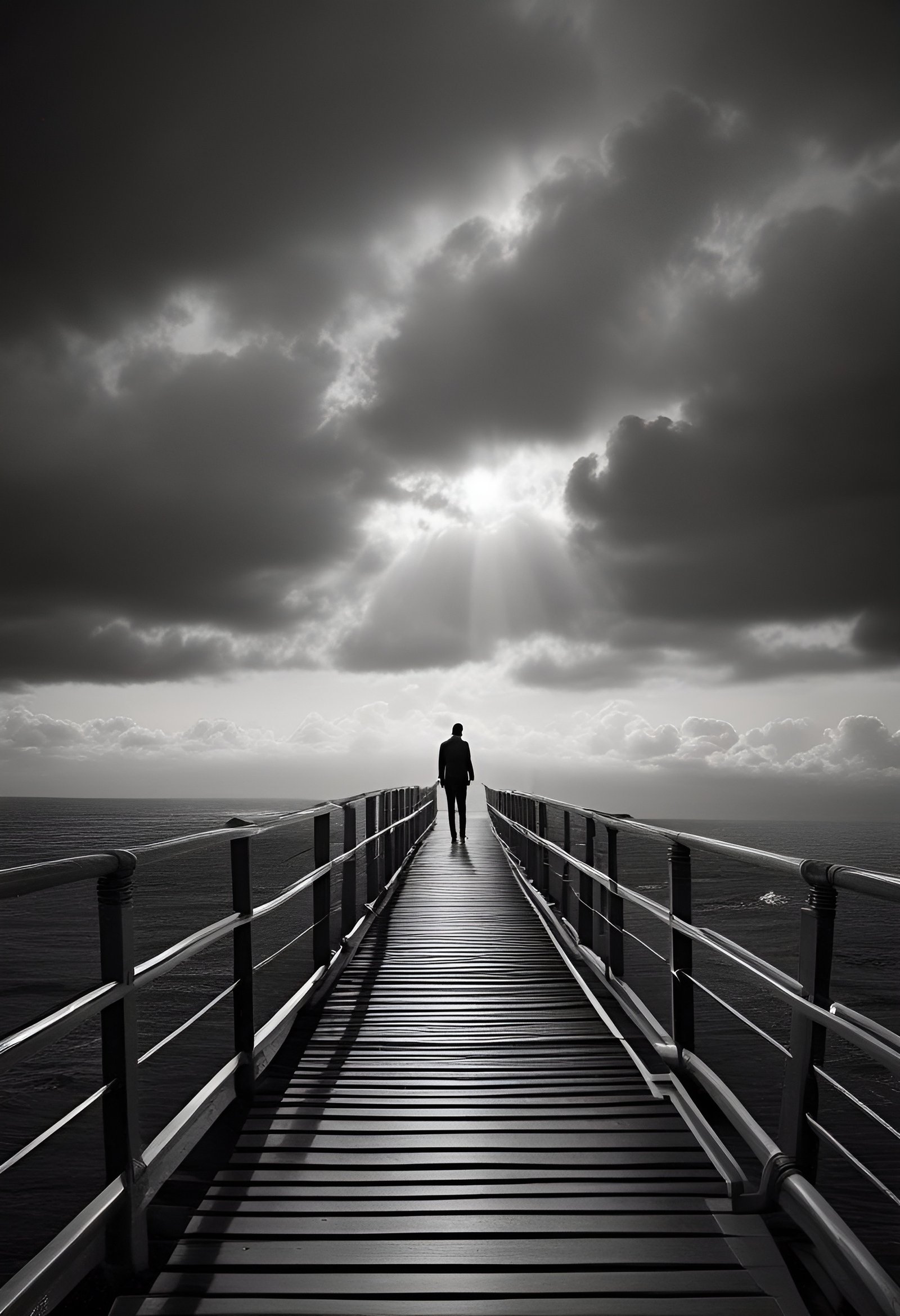 Person walking on pier towards ocean horizon under cloudy sky with light rays in black and white