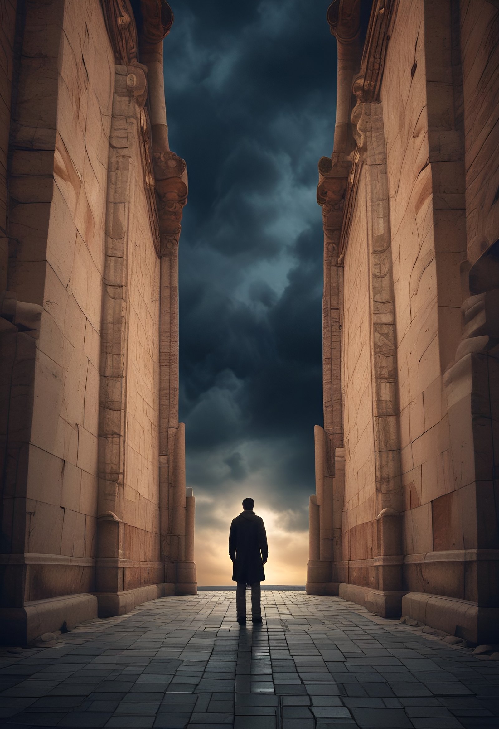 Silhouette of person walking through ancient stone ruins under dark sky