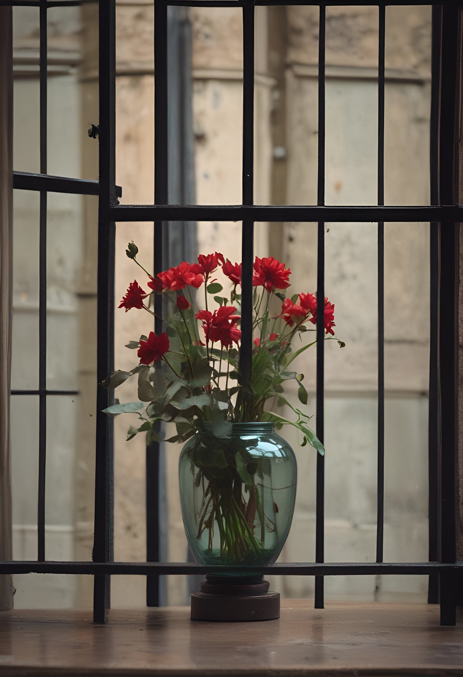 Vivid red flowers in a vase and iron bars, a creative photo art shot