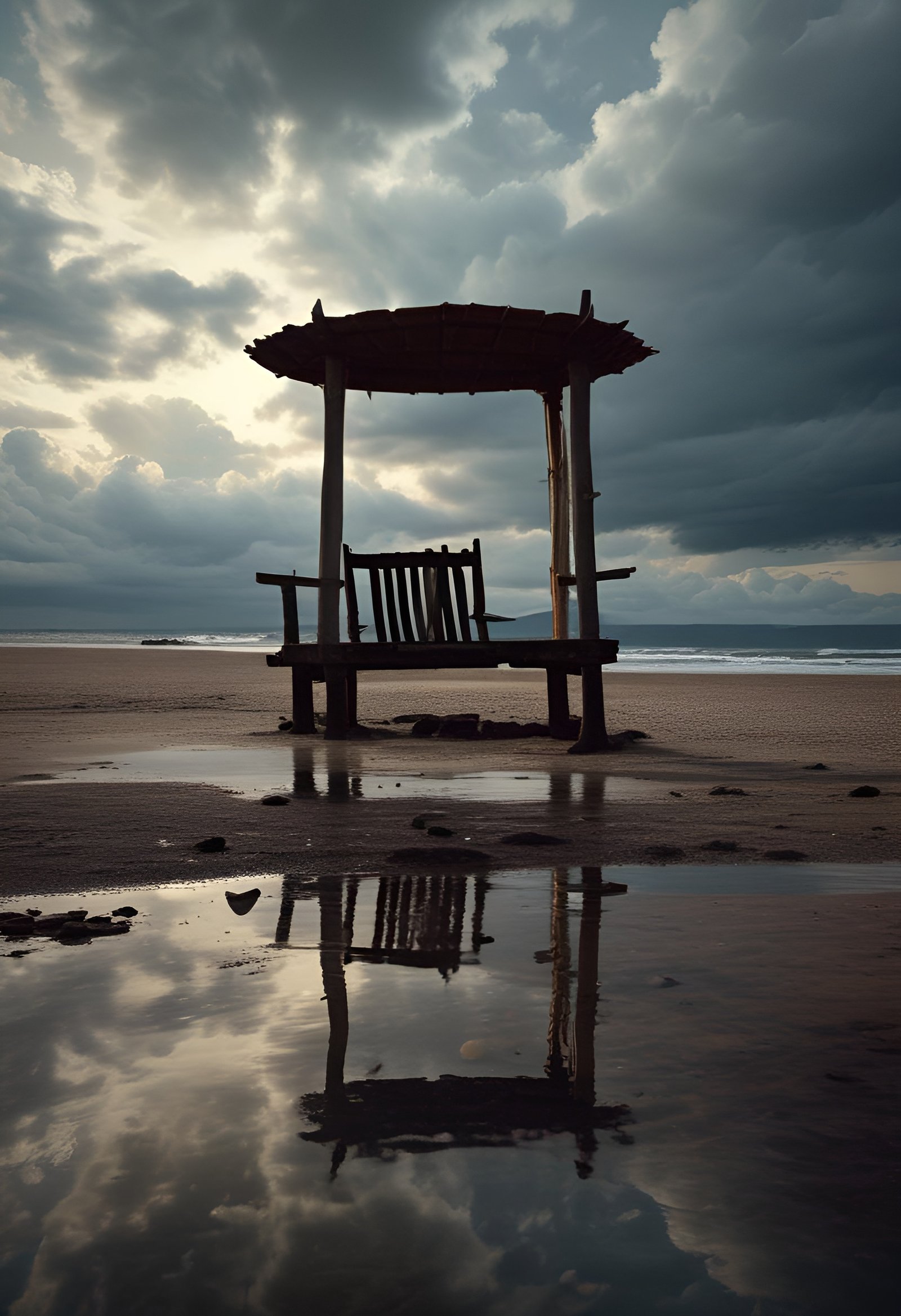 Empty bench on beach at cloudy sunset with perfect reflection