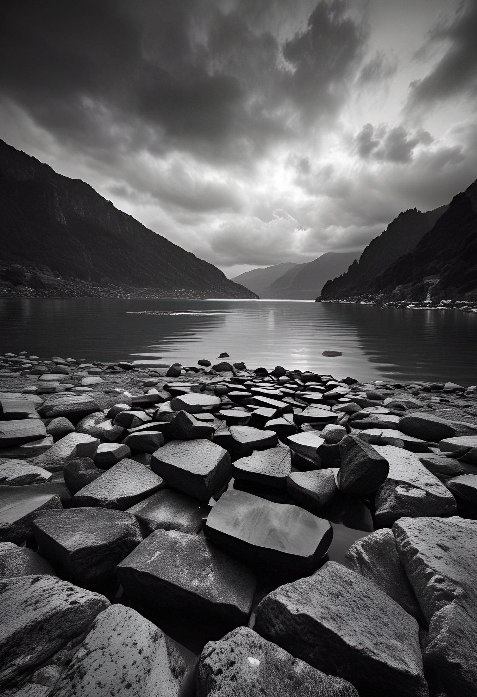 Black and white serene fjord with calm lake reflecting dramatic peaks