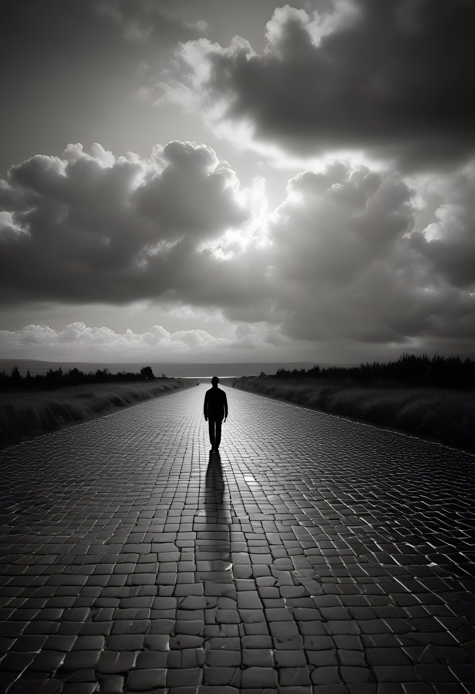 Lone person walking endless straight road toward dramatic horizon