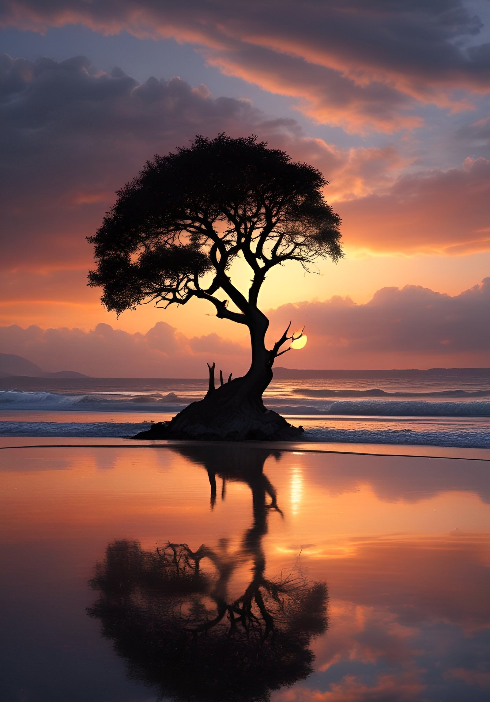 Lone tree silhouette on rocky outcrop at sunset reflected in calm ocean