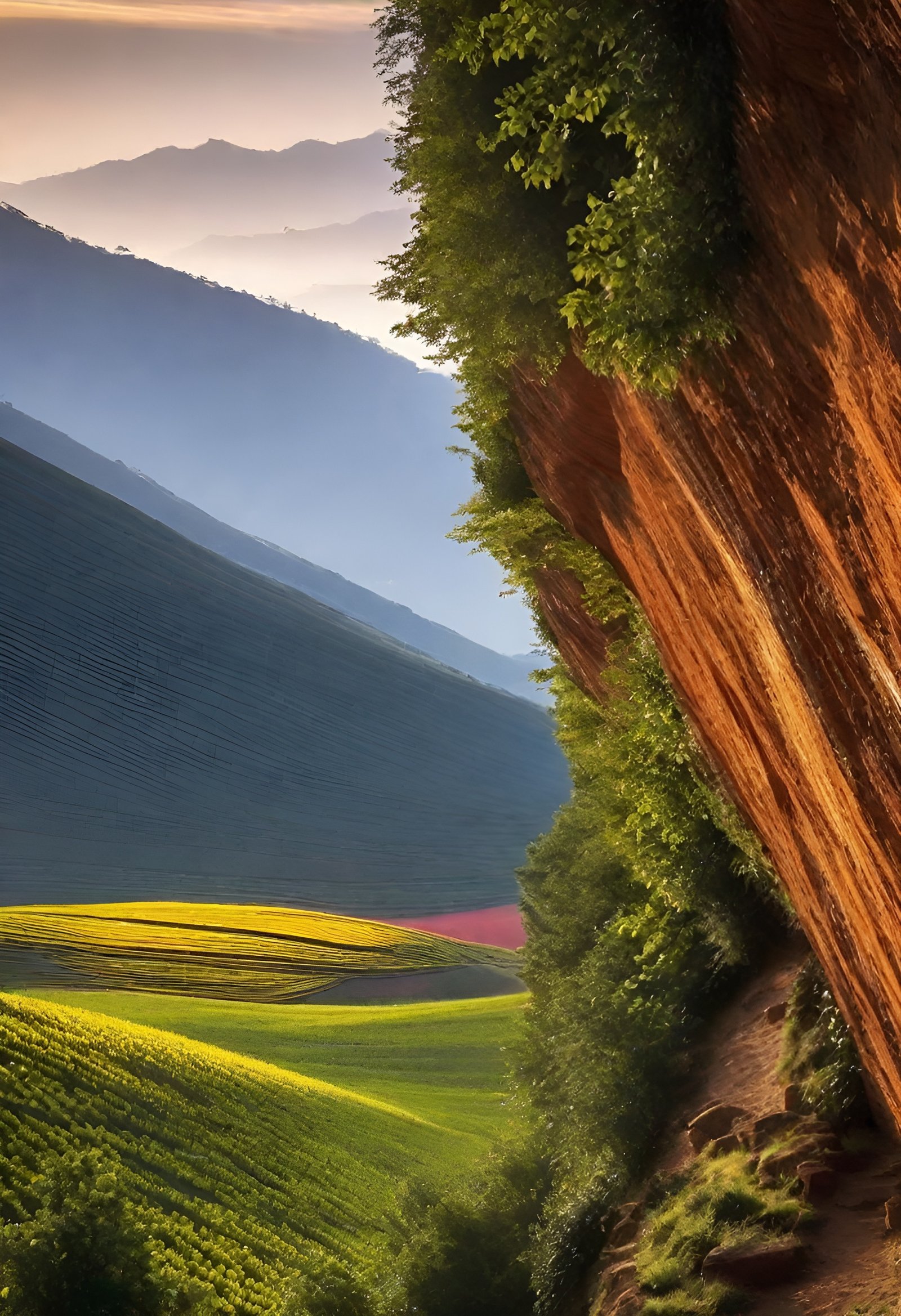 Colorful terraced rice fields on misty mountain cliff